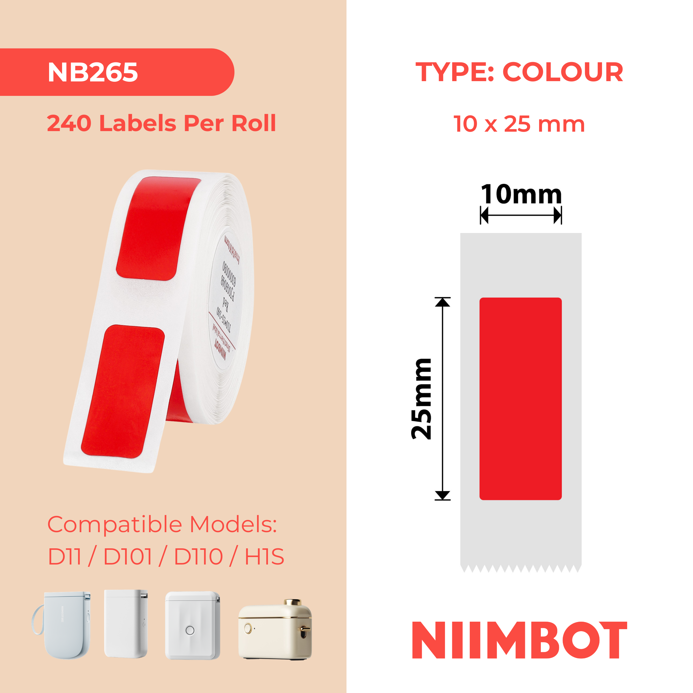 NB265 - NIIMBOT - D11 / D101 / D110 / H1S - 10X25MM - 240 RED LABELS