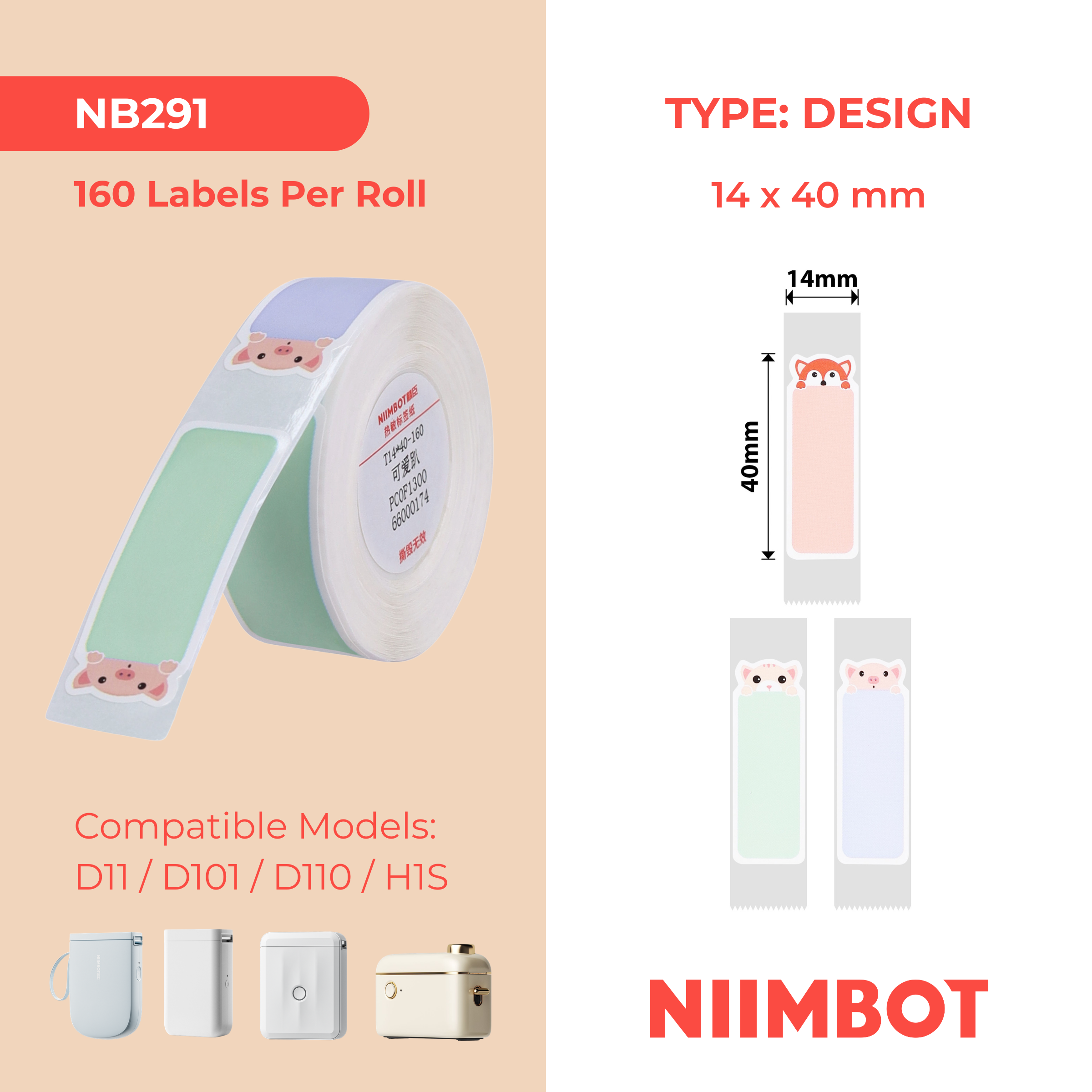 NB291 - NIIMBOT - D11 / D101 / D110 / H1S - 14X40MM - 160 SLEEPY ANIMALS LABELS
