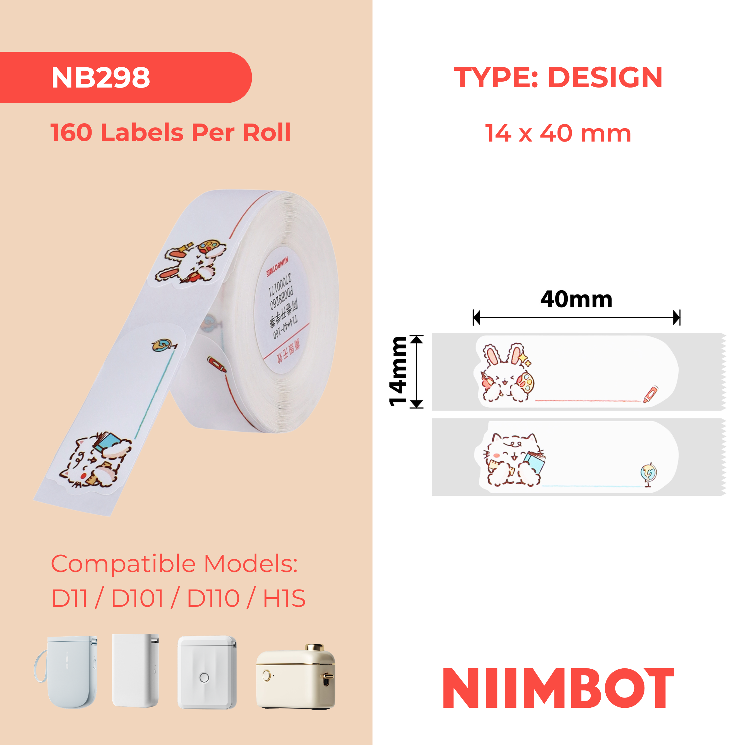 NB298 - NIIMBOT - D11 / D101 / D110 / H1S - 14X40MM - 160 SCHOOL RABBIT LABELS