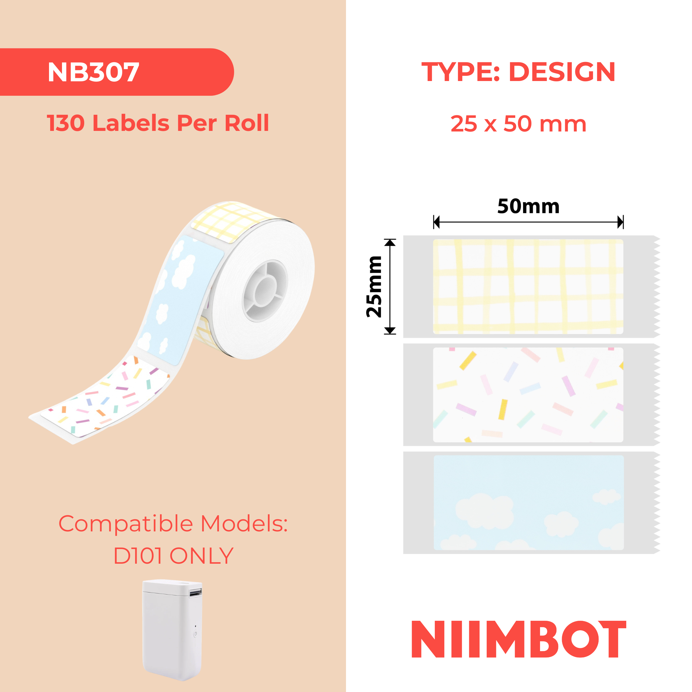 NB307 - NIIMBOT - D101 ONLY - 25X50MM - 130 MIXED PATTERN LABELS