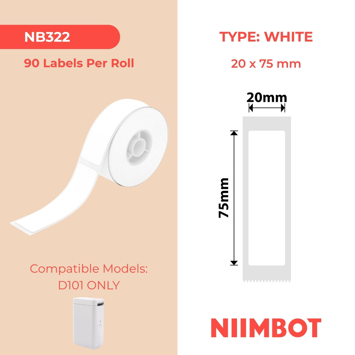 NB322 - NIIMBOT - D101 UNIQUEMENT - R20X75MM - 90 ÉTIQUETTES PAR ROULEAU - BLANCHES