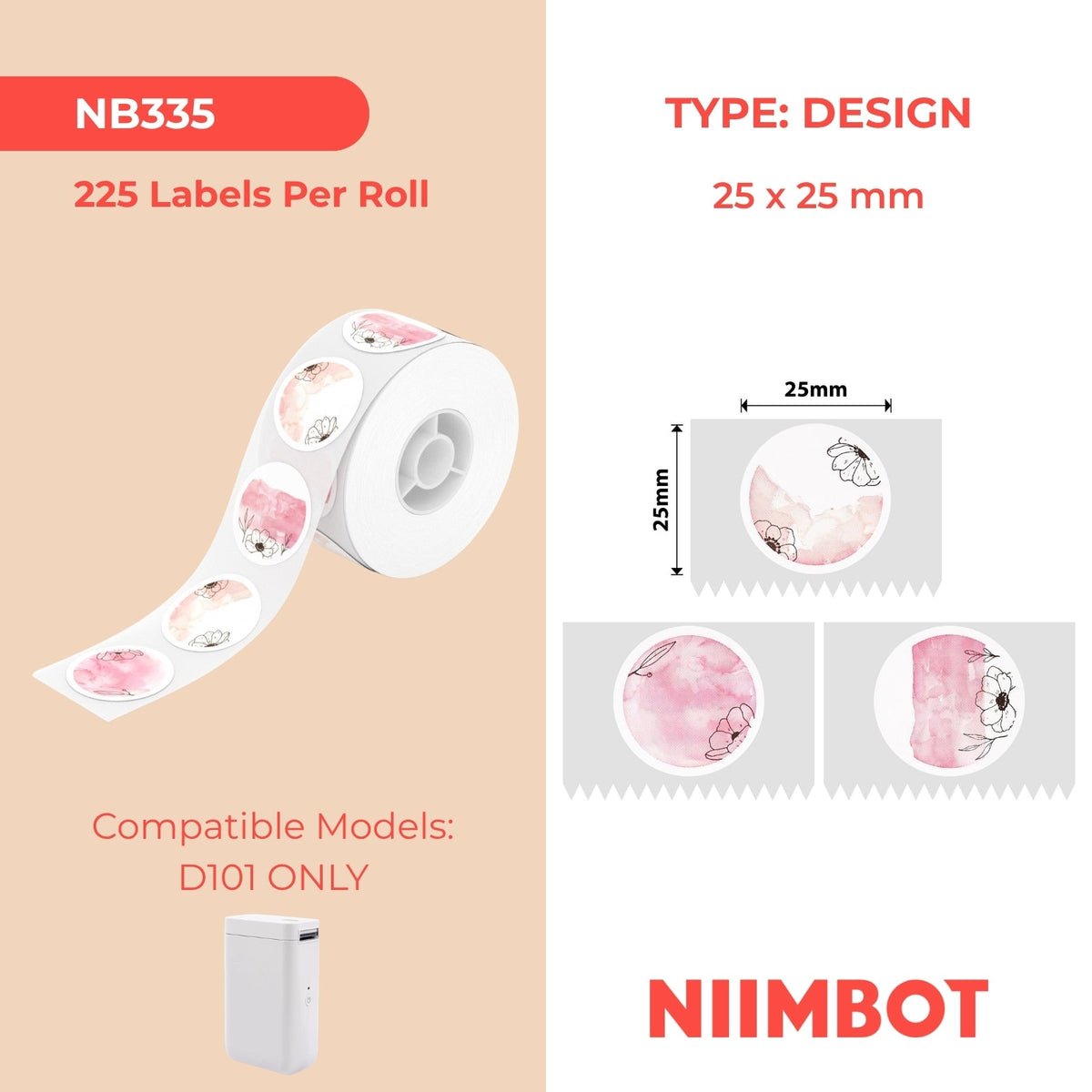 NB335 - NIIMBOT - SOLO D101 - R25X25MM - 225 ETICHETTE PER ROTOLO - ROTONDO - ROSA