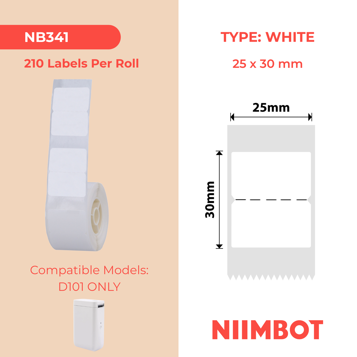 NB341 - NIIMBOT - SOLO D101 - R25X30MM - 210 ETICHETTE PER ROTOLO - DESIGN SENZA FORI