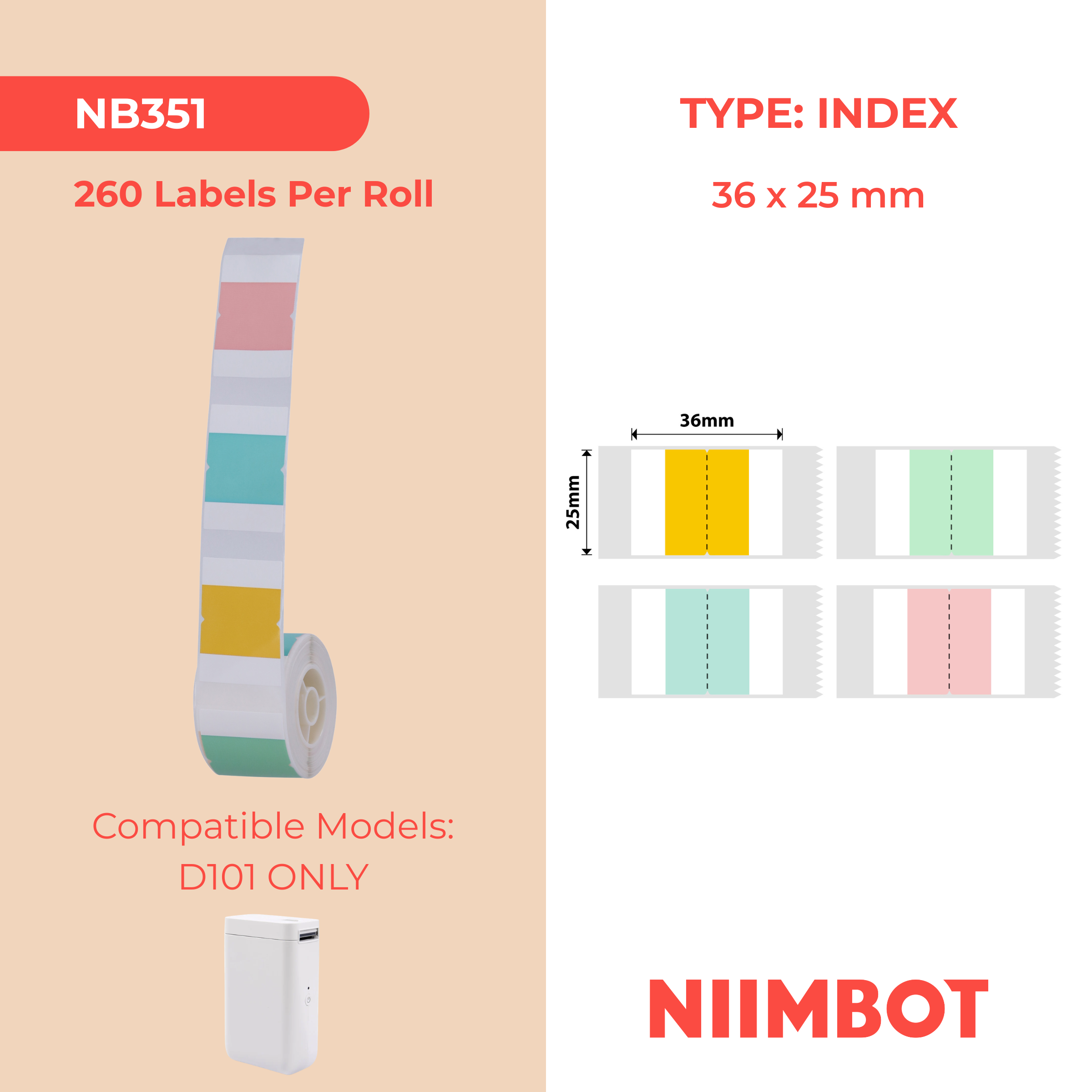 NB351 - NIIMBOT - D101 ONLY - 36X25MM - 260 SQUARE INDEX LABELS