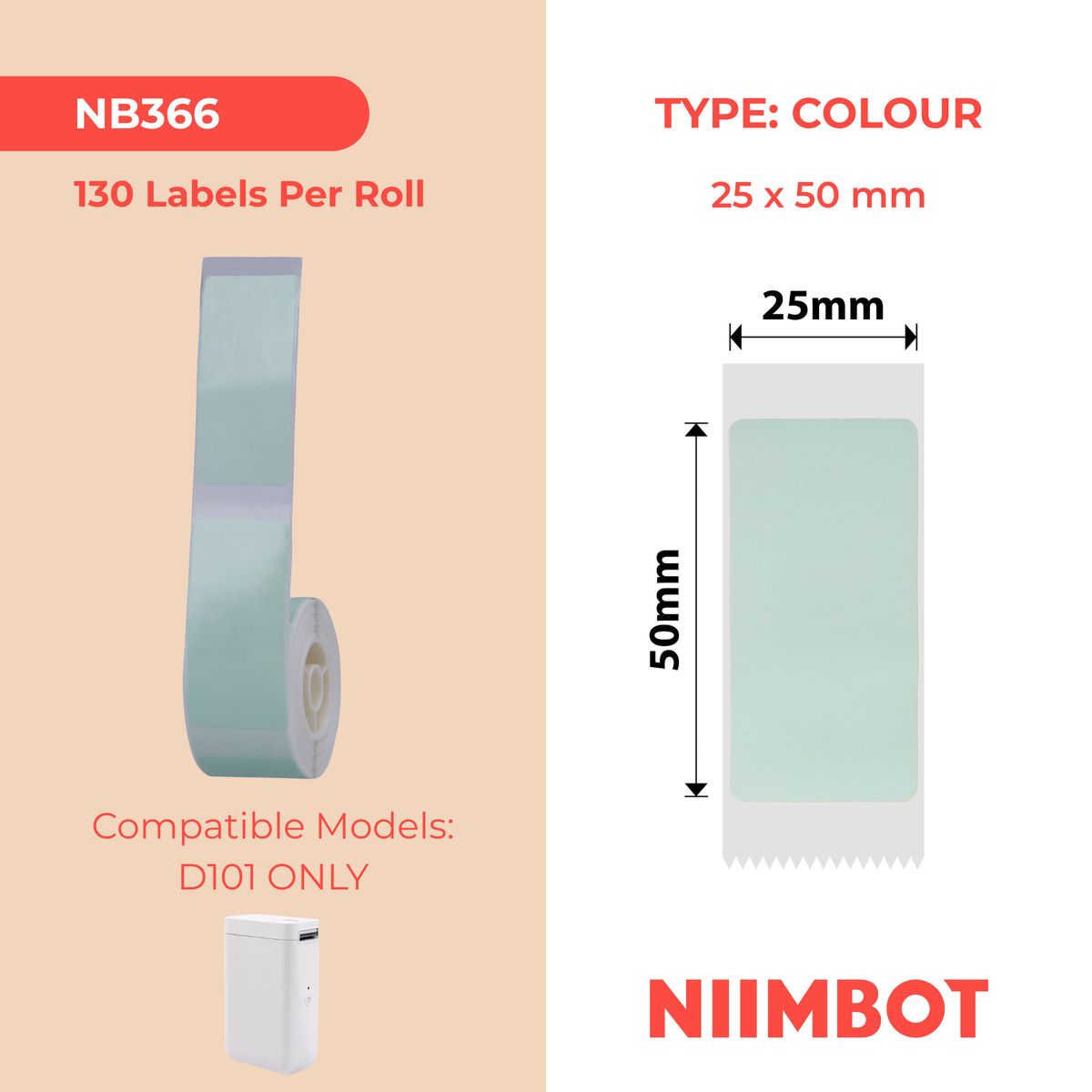 NIIMBOT - D101 Only - 25x50mm - Green Colour - 130 Labels