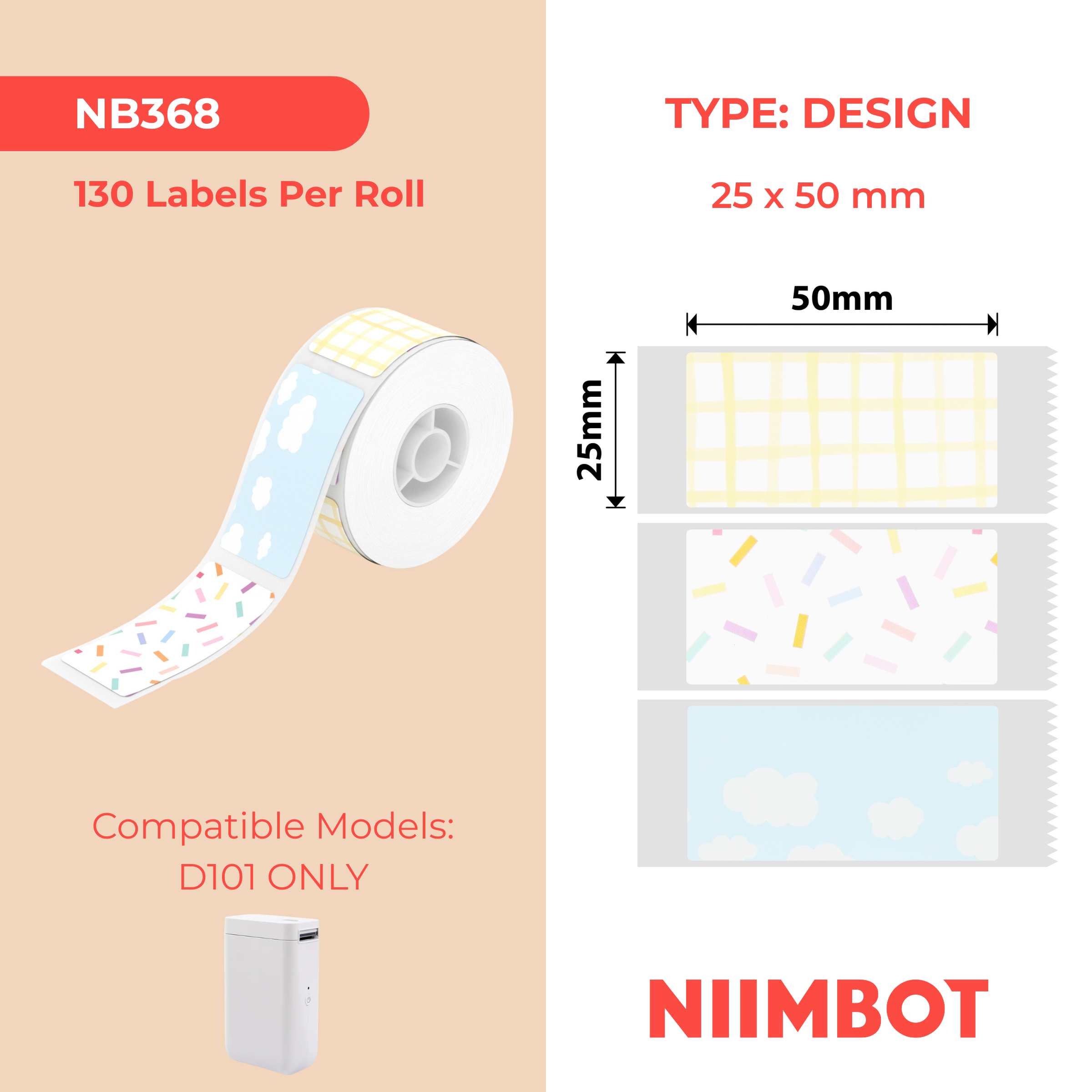 NB368 - NIIMBOT - SOLO D101 - R25X50MM - 130 ETICHETTE PER ROTOLO - DESIGN CON MOTIVO MISTO