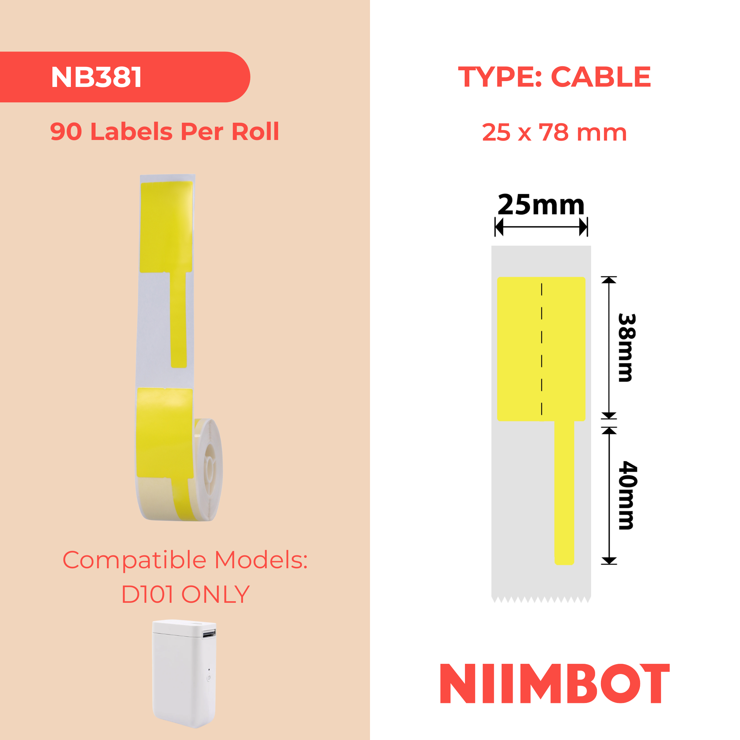 NB381 - NIIMBOT - D101 ONLY - 25X78MM - 90 YELLOW CABLE LABELS