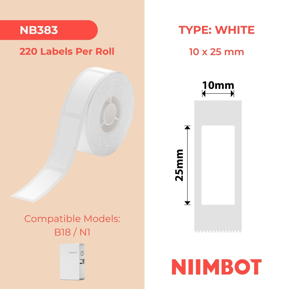 NB383 - NIIMBOT - B18 / N1 - EW10X25mm - 220 ÉTIQUETTES PAR ROULEAU - BLANCHES