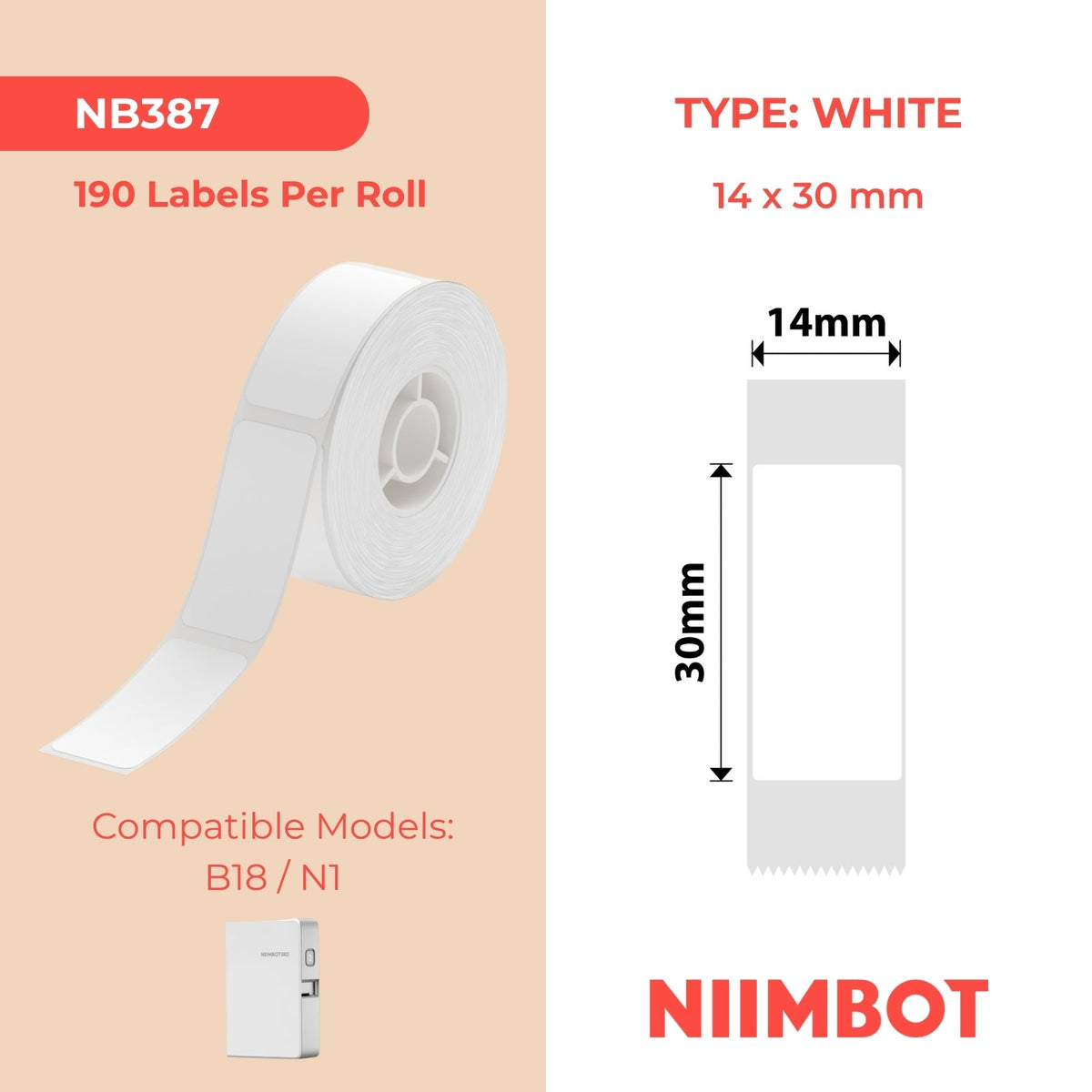 NB387 - NIIMBOT - B18 / N1 - EW14X30mm - 190 ÉTIQUETTES PAR ROULEAU - BLANC