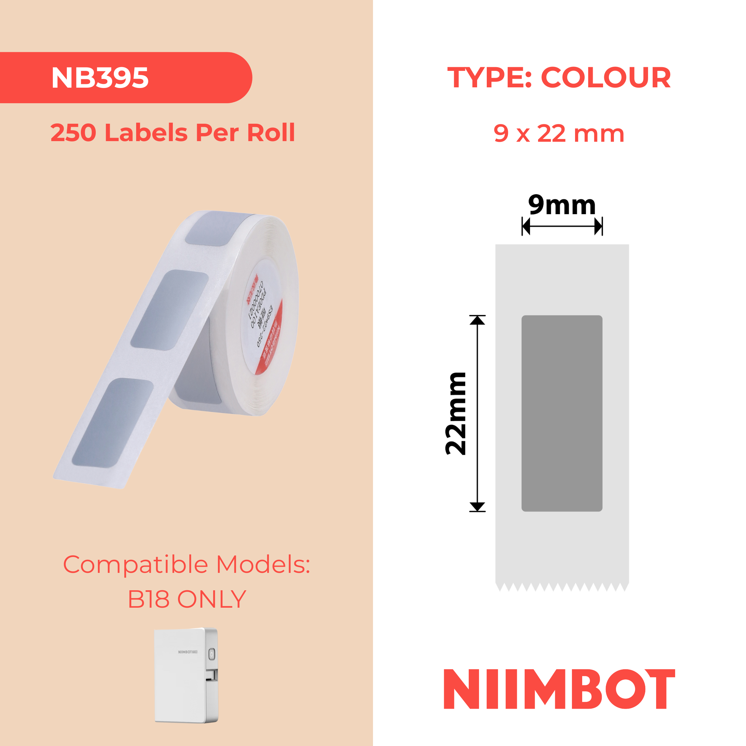 NB395 - NIIMBOT - B18 / N1 - ES 9 x 22 mm - 250 étiquettes par rouleau - Argent