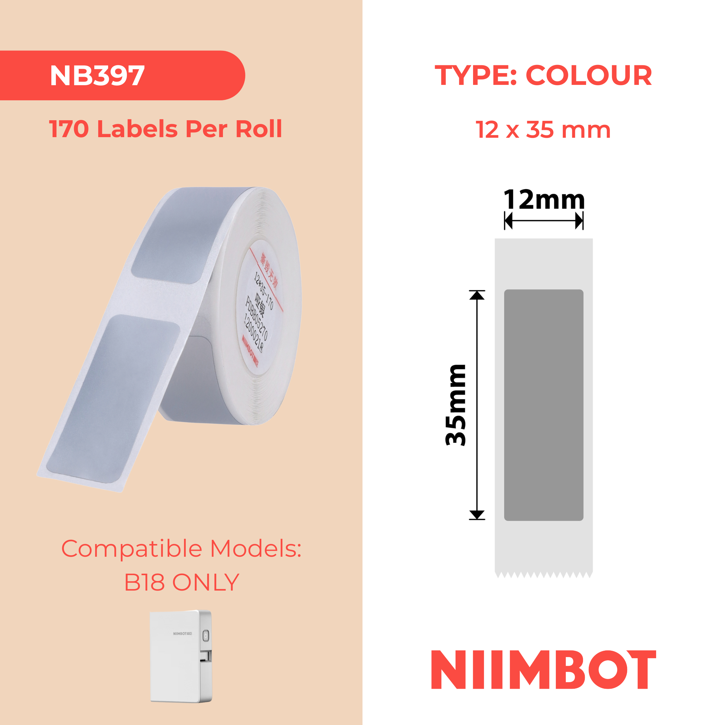 NB397 - NIIMBOT - B18 / N1 - ES 12 x 35 mm - 170 étiquettes par rouleau - Argent