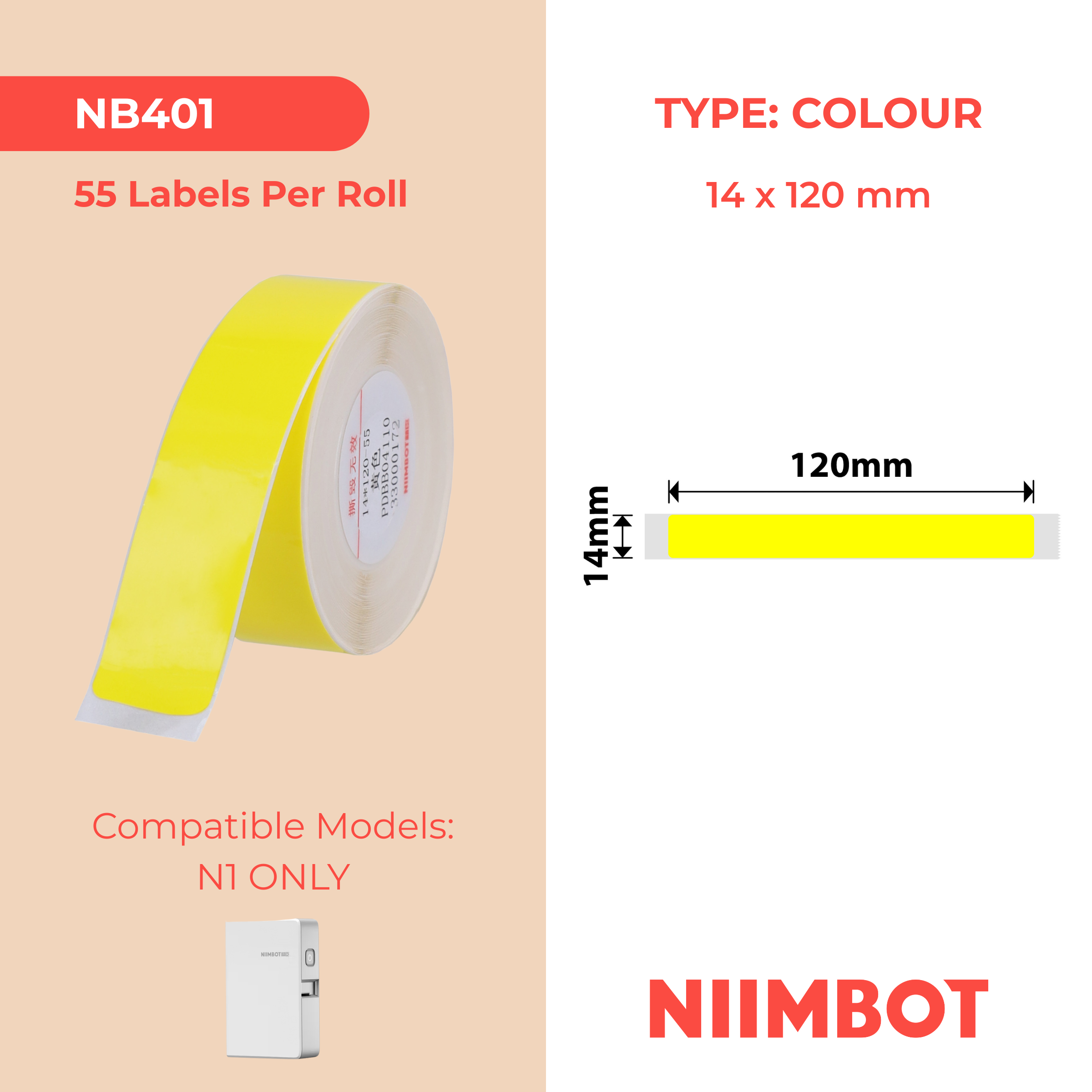 NB401 - NIIMBOT - B18 / N1 - EW14X120mm - 55 ÉTIQUETTES PAR ROULEAU - JAUNE