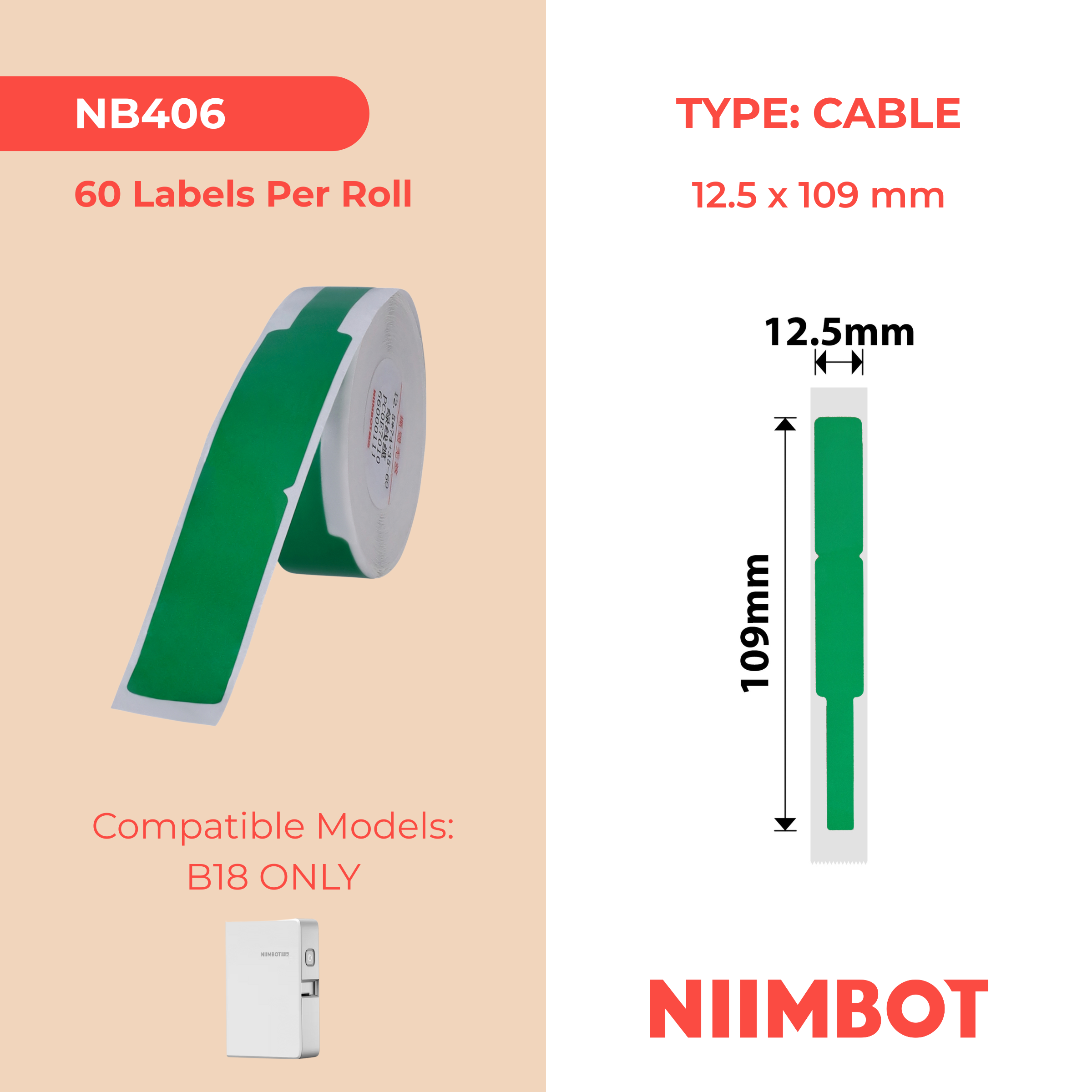 NB406 - NIIMBOT - B18 / N1 - 12.5X109MM - 60 GREEN CABLE LABELS