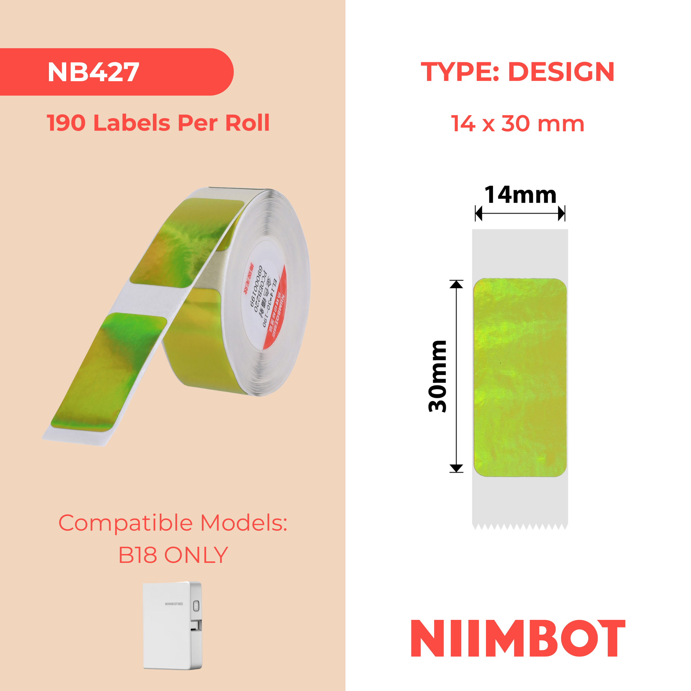 NB427 - NIIMBOT - B18 / N1 - 14X30MM - 190 GOLDEN HOLOGRAM LABELS