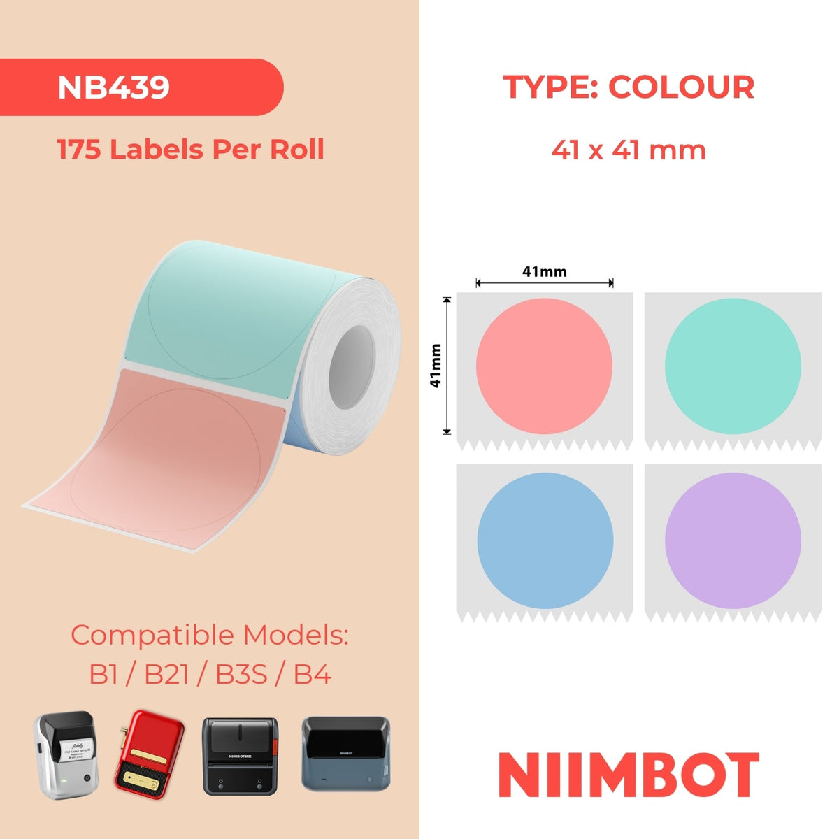 NB439 - NIIMBOT - B1 / B21 / B3S / B4 - T41X41MM - 175 ETICHETTE TERMICHE ROTONDE - DESIGN MULTICOLORE