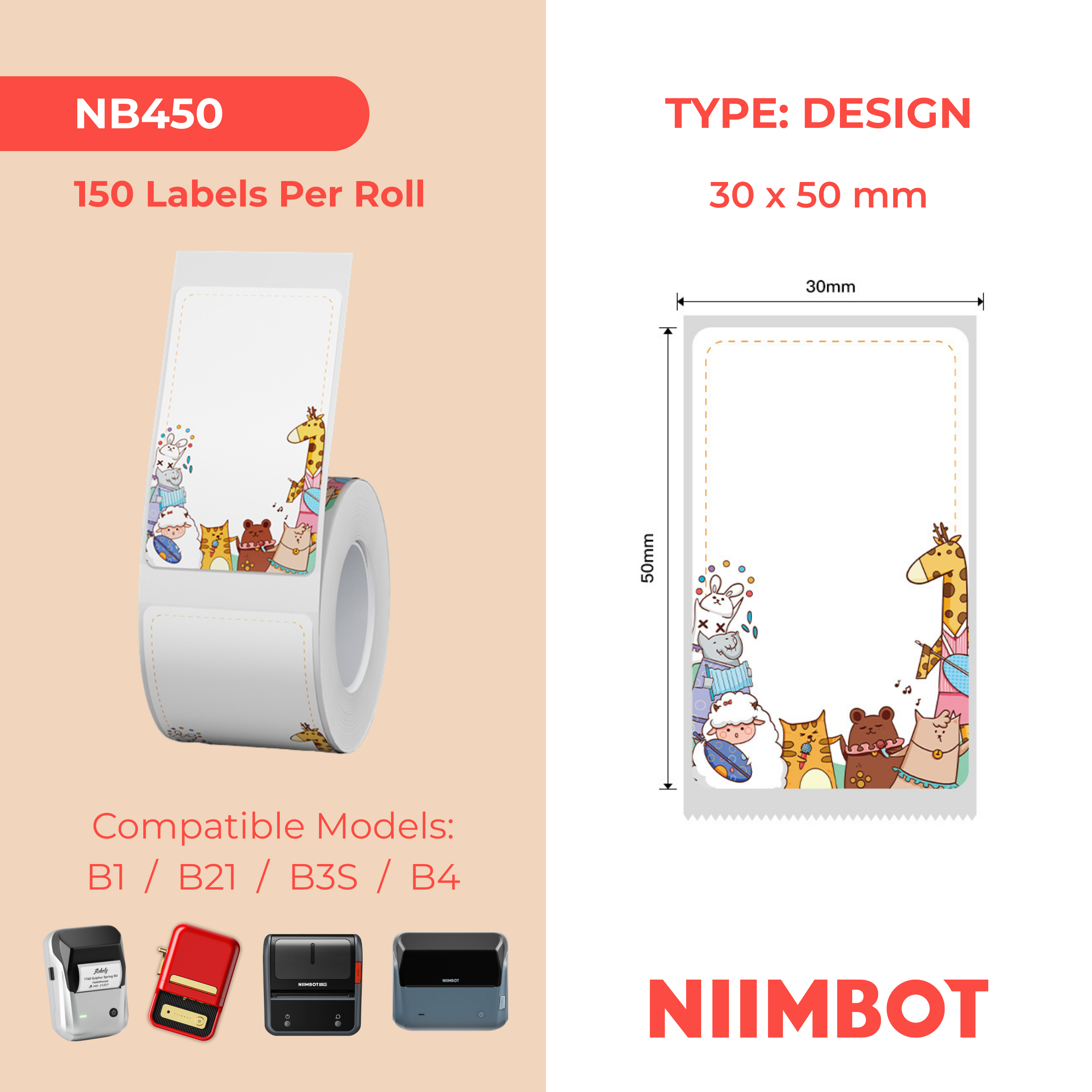 NB450 - Niimbot - B1 / B21 / B3S / B4 - 30x50mm - 150 Fun Animal Labels