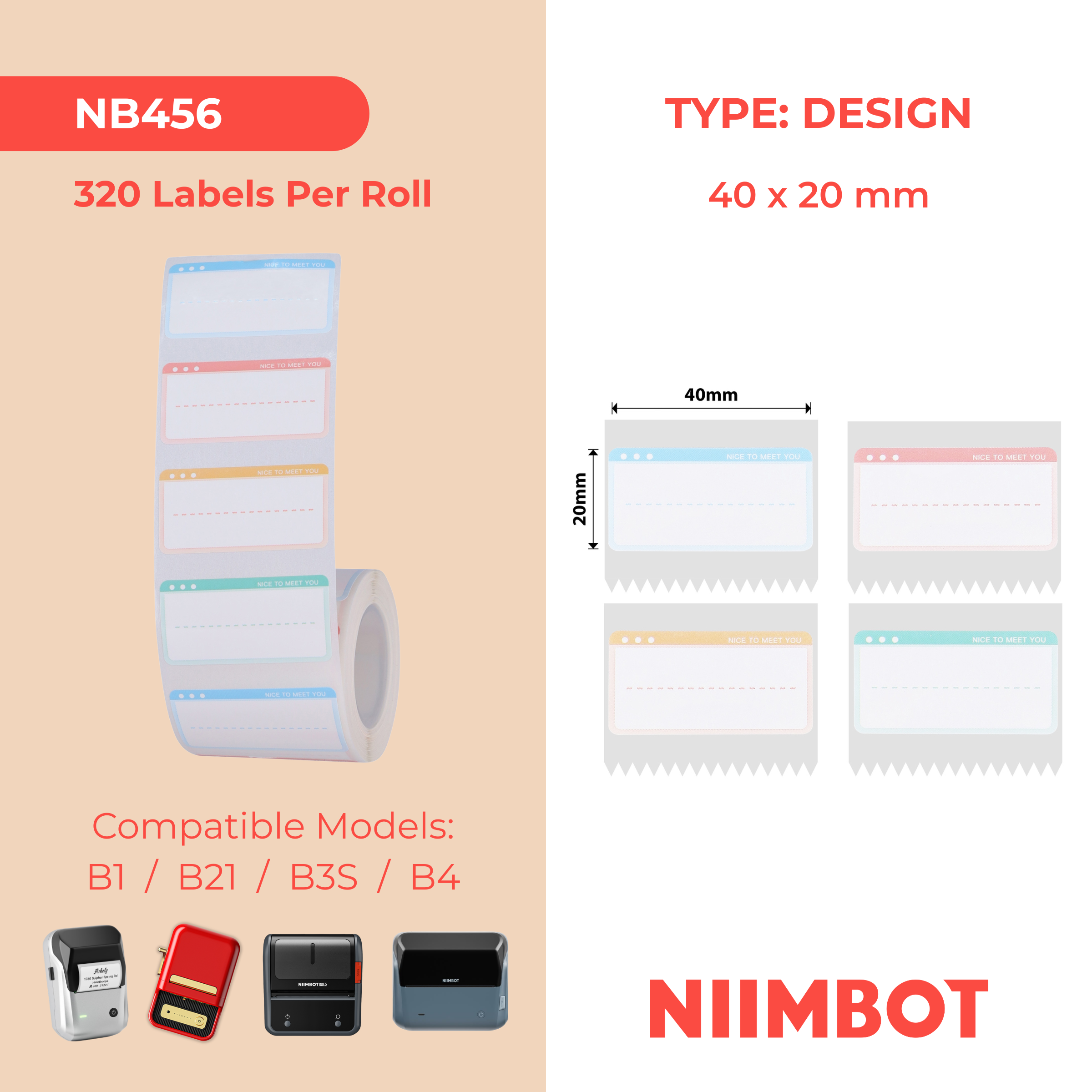 NB456 - NIIMBOT - B1 / B21 / B3S / B4 - T40X20MM - 320 ETICHETTE PER ROTOLO - DESIGN NICE TO MEET YOU