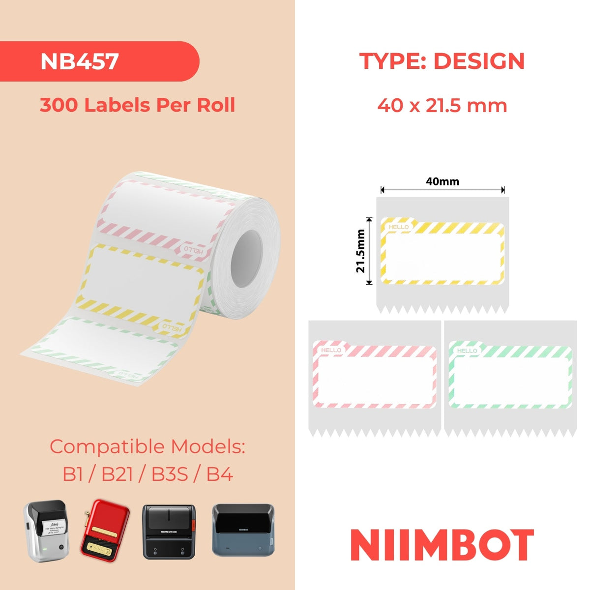 NIIMBOT - B Range - 40x21.5mm - Hello Name Tag Multi-Colour - 300 Labels