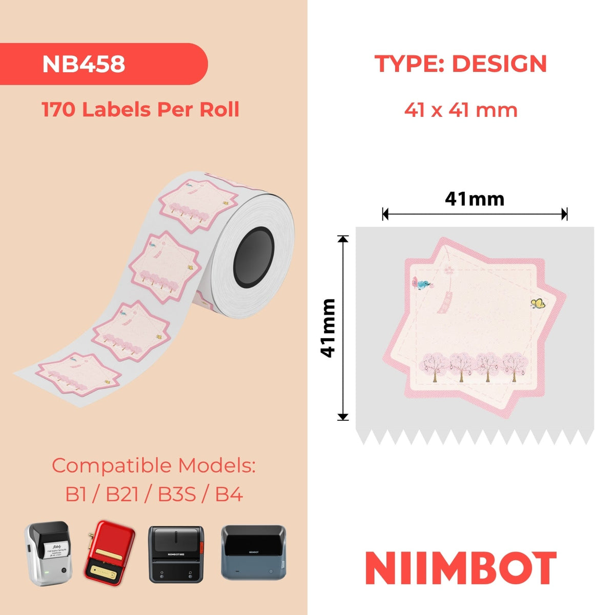 NIIMBOT - B Range - 41x41mm - Cherry Blossom - 170 Labels
