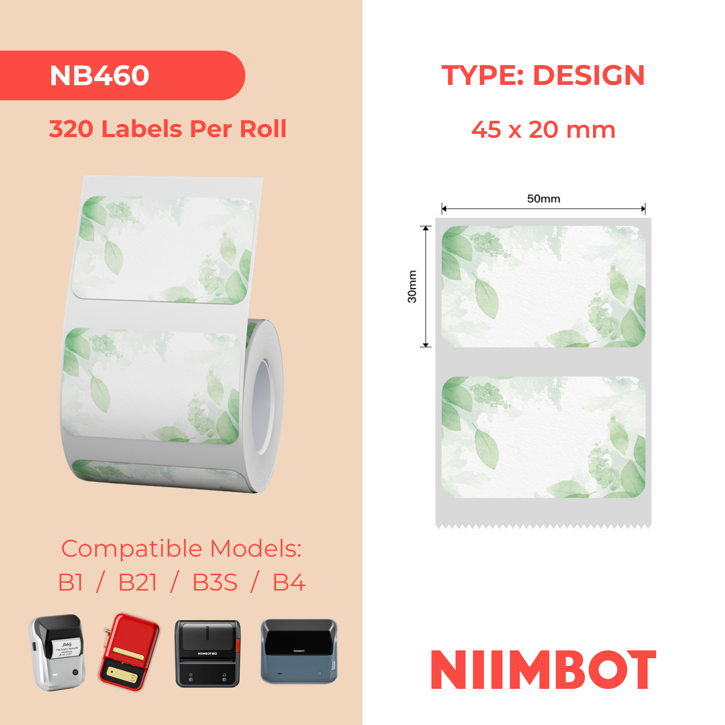 NB460 - Niimbot - B1 / B21 / B3S / B4 - 50x30mm - 230 Green Leaf Labels
