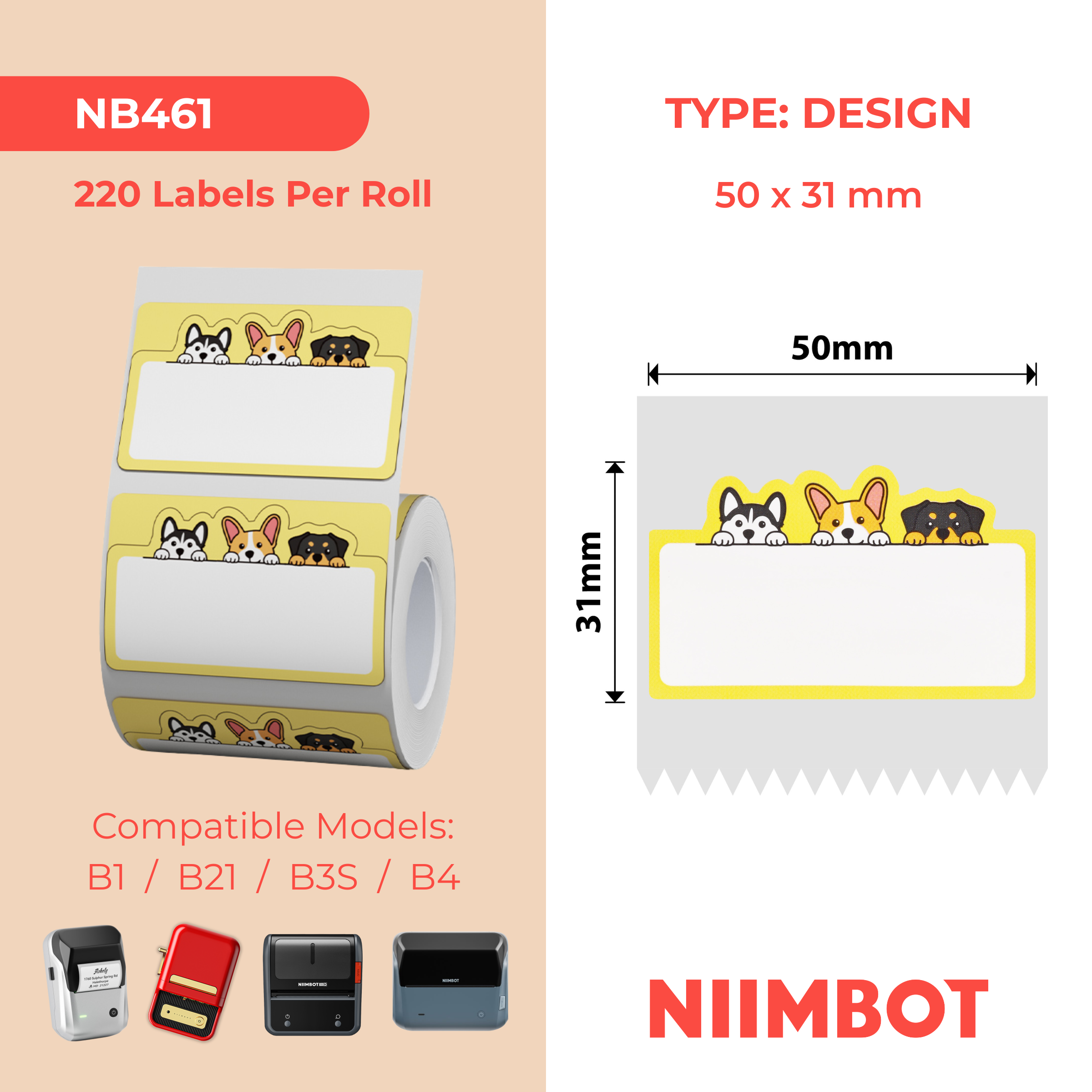 NB461 - NIIMBOT - B1 / B21 / B3S / B4 - 50X31MM - 220 DOG LABELS