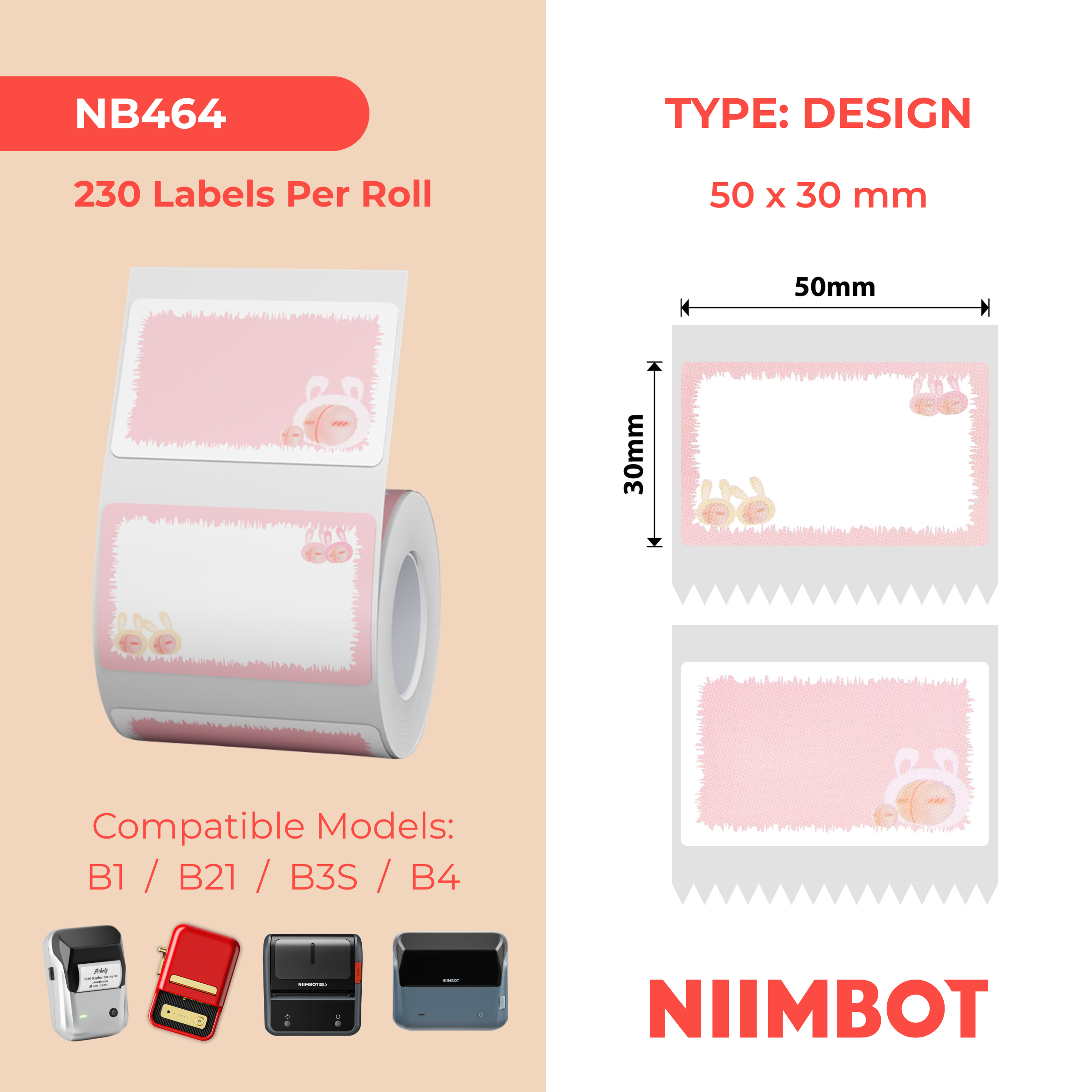 NB464 - NIIMBOT - B1 / B21 / B3S / B4 - 50X30MM - 230 PEACH LABELS
