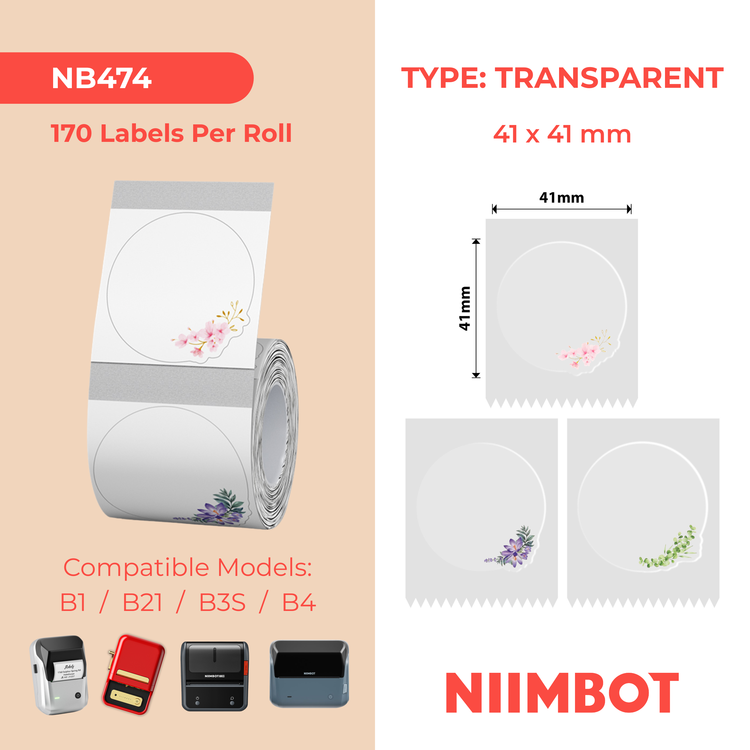 NB474 - NIIMBOT - B1 / B21 / B3S / B4 - 41X41MM - 170 TRANSPARENT WHISPERING FLOWERS LABELS