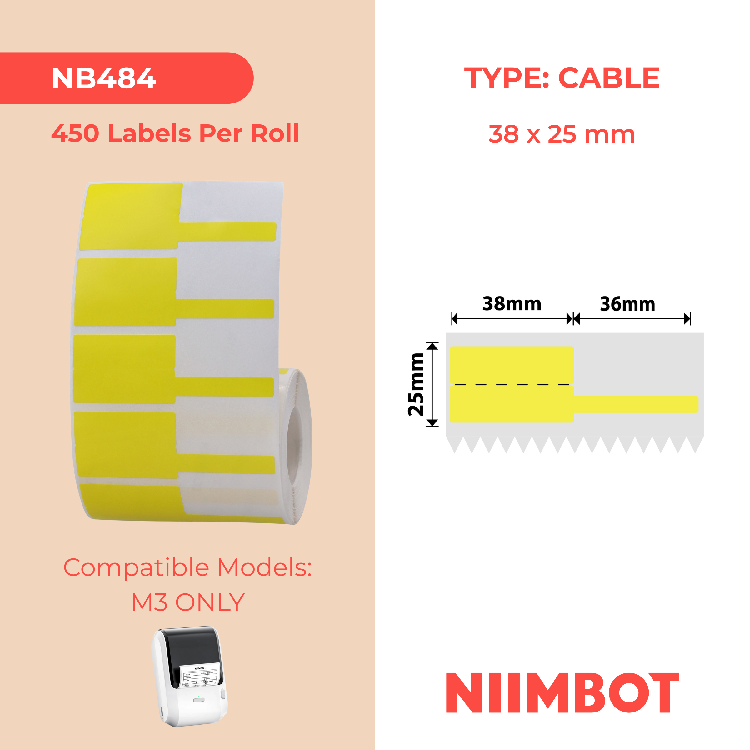 NB484 - NIIMBOT - M3 ONLY - 38X25+36MM - 450 YELLOW CABLE LABELS