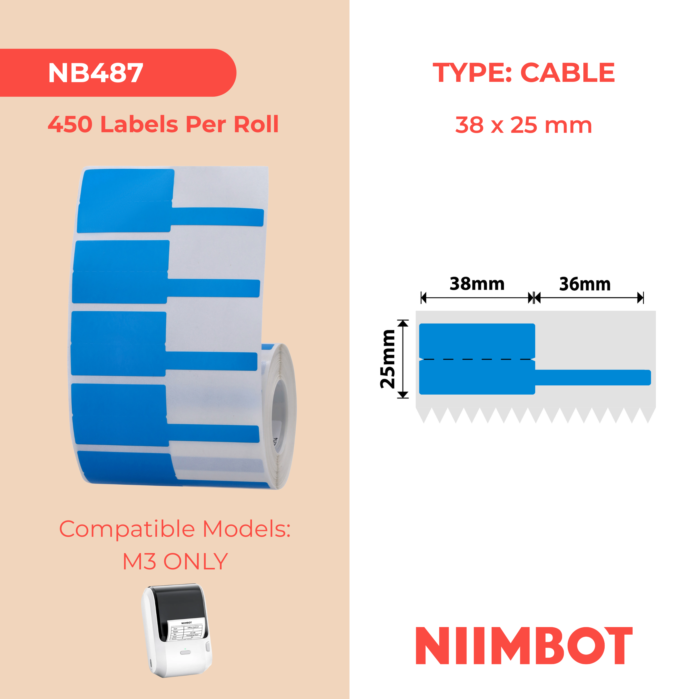 NB487 - NIIMBOT - M3 ONLY - 38X25+36MM - 450 BLUE CABLE LABELS