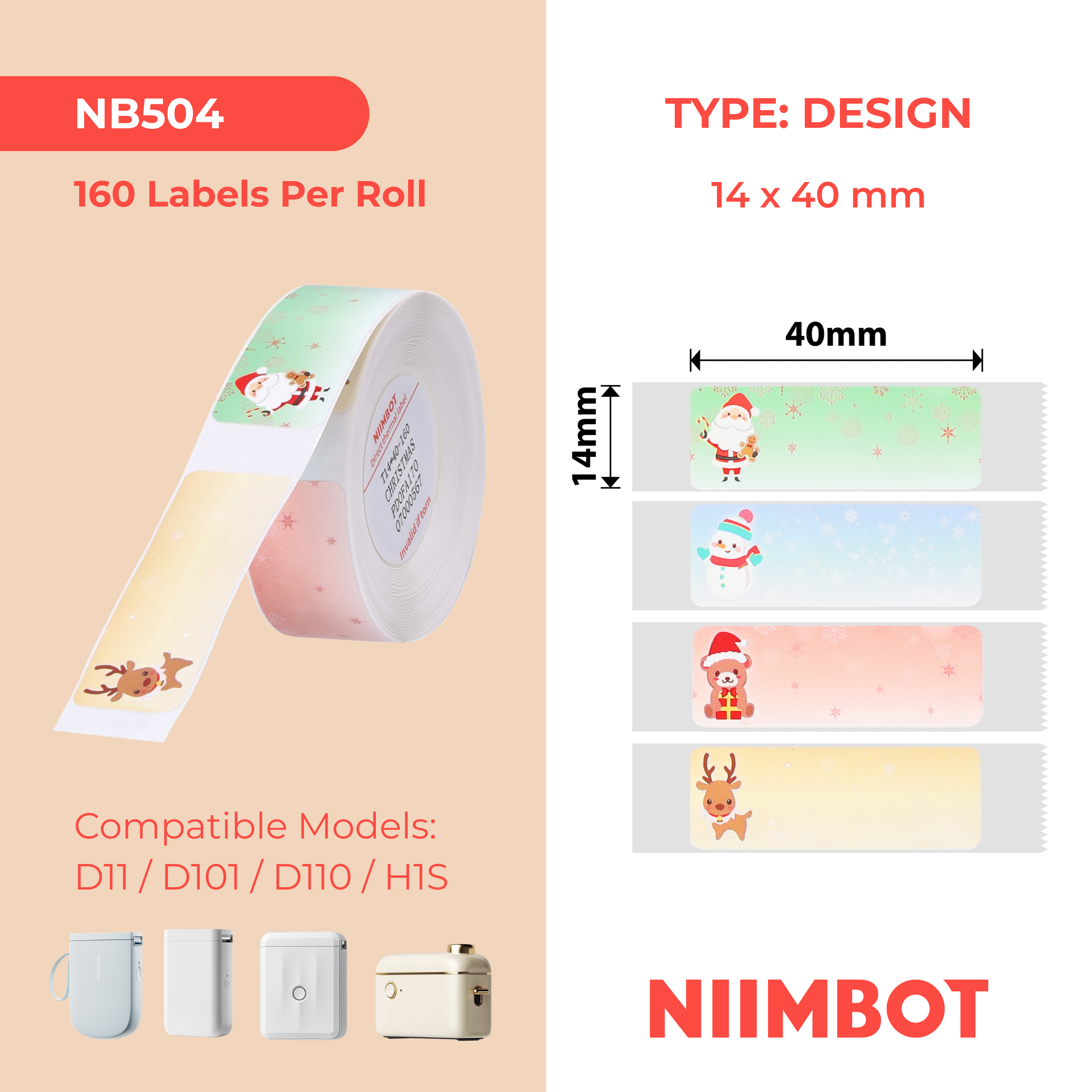 NB504 - NIIMBOT - D11 / D101 / D110 / H1S - 14X40MM - 160 CHRISTMAS LABELS