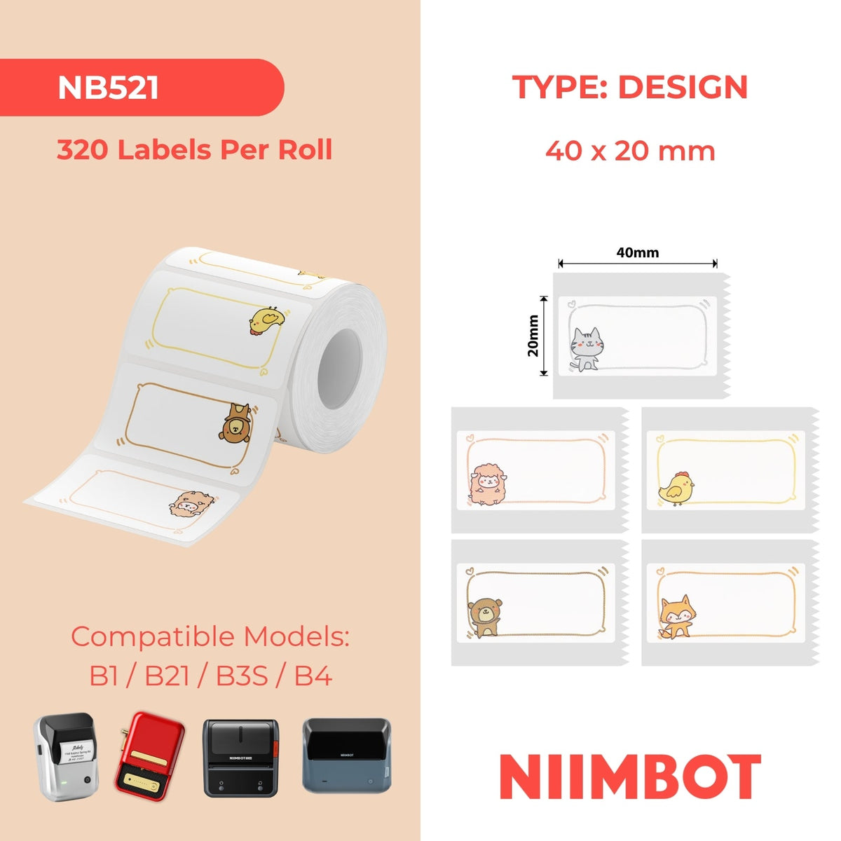 NIIMBOT - B Range - 40x20mm - Animal Messages - 320 Labels