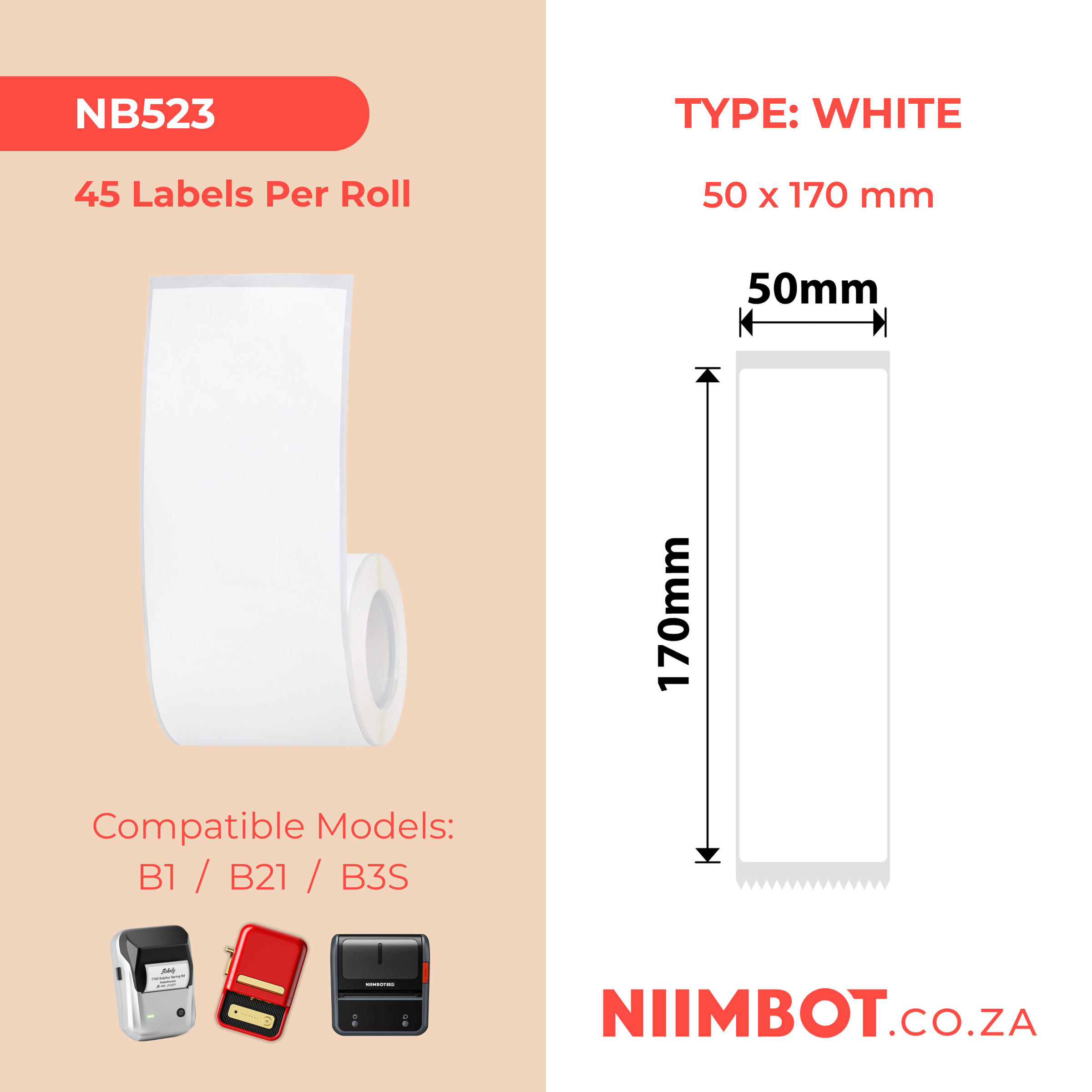 NB523 - NIIMBOT - B1 / B21 / B3S / B4 - 50 x 170 mm - 45 étiquettes par rouleau - Rectangulaires - Blanches