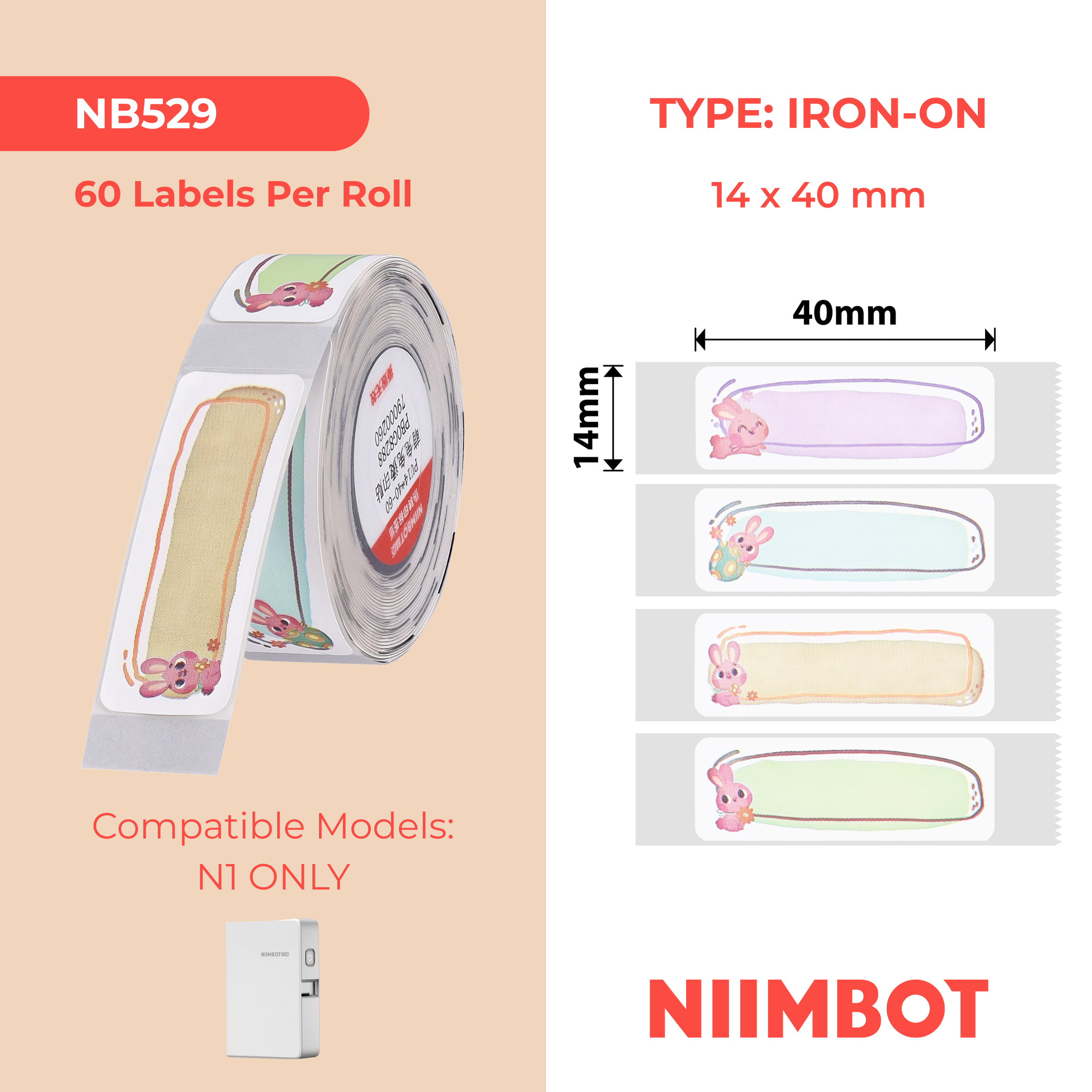NB529 - NIIMBOT - B18 / N1 - 14X40MM - 60 CUTE BUNNY IRON ON LABELS