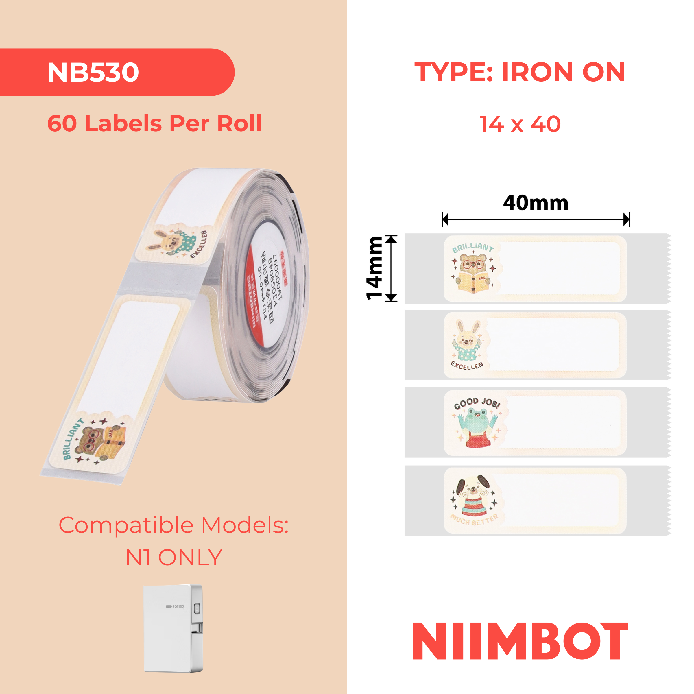 NB530 - NIIMBOT - B18 / N1 - 14X40MM - 60 INSPIRING ANIMALS IRON ON LABELS
