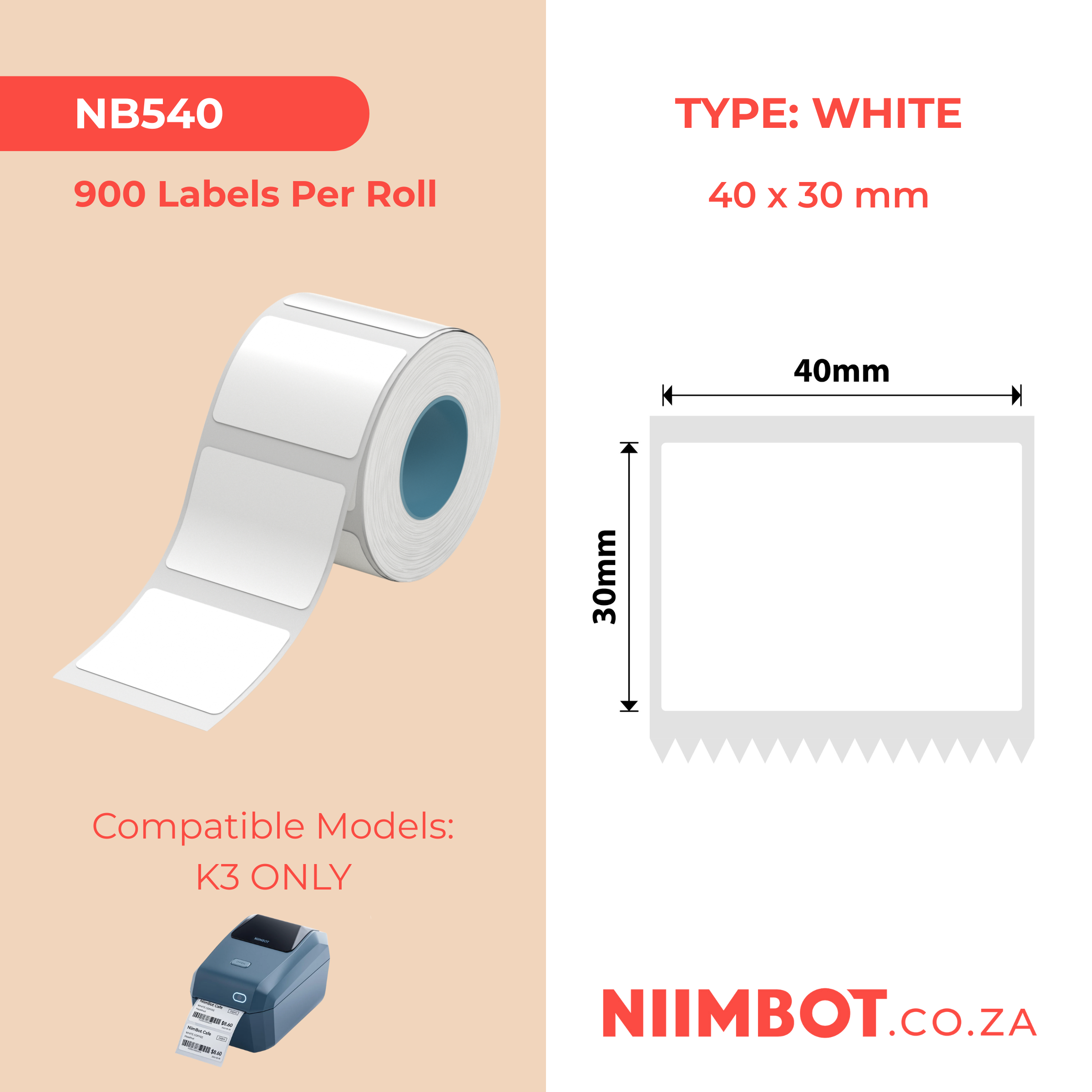 NB540 - NIIMBOT - K2 / K3 - T40X30MM - 900 ETICHETTE PER ROTOLO - BIANCO