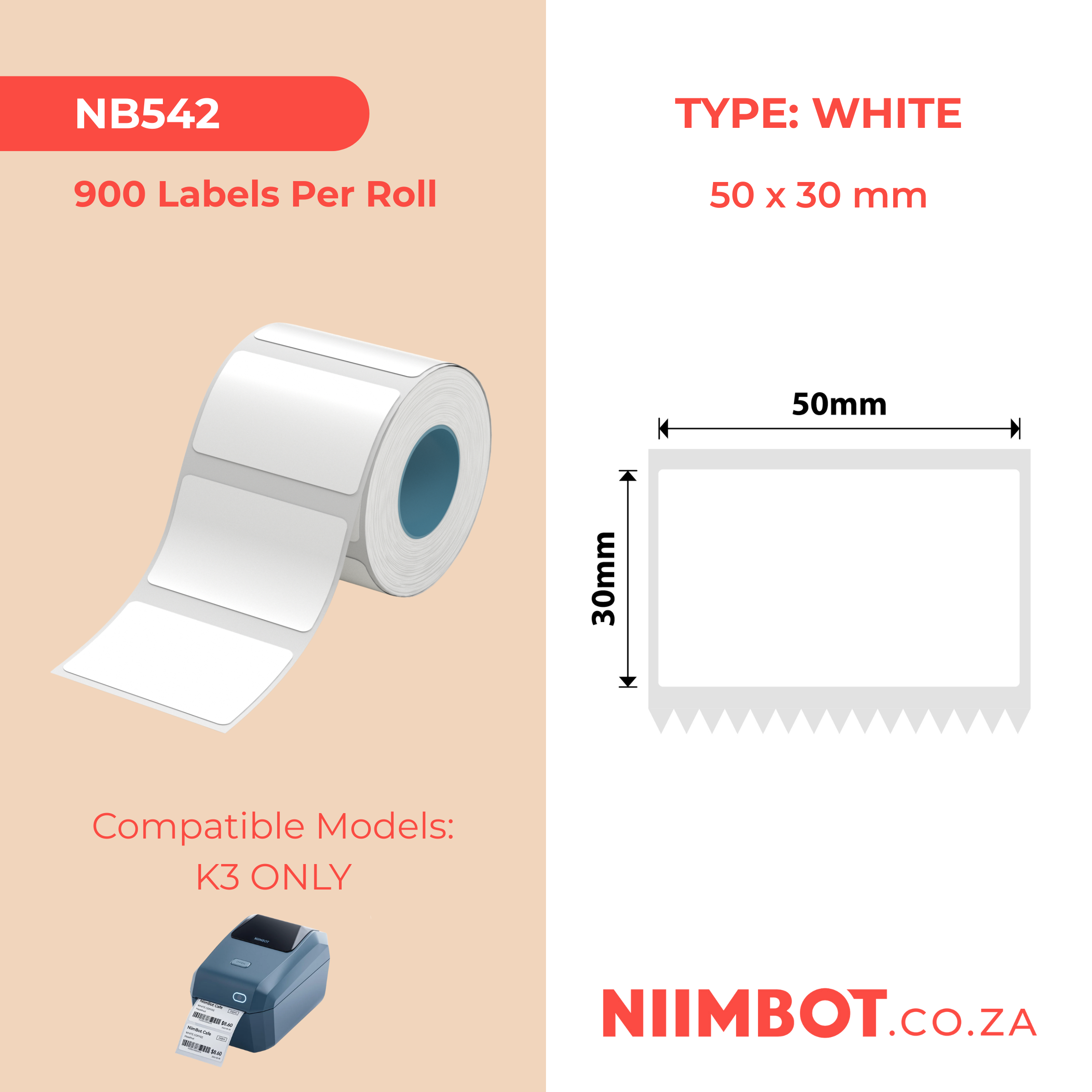 NB542 - NIIMBOT - K2 / K3 - T50X30MM - 900 ETICHETTE PER ROTOLO - BIANCO