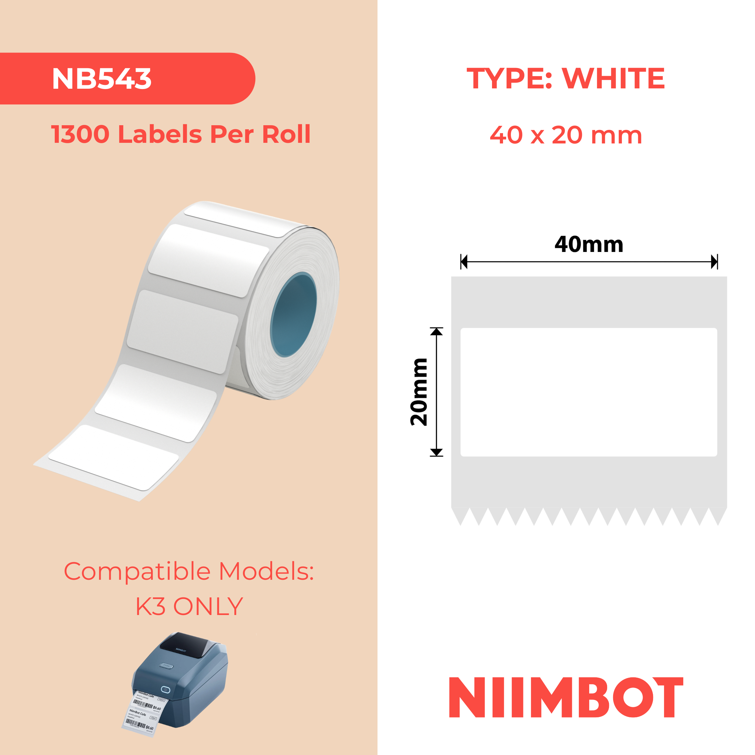 NB543 - NIIMBOT - K2 / K3 - T40X20MM - 1.300 ETICHETTE PER ROTOLO - BIANCO