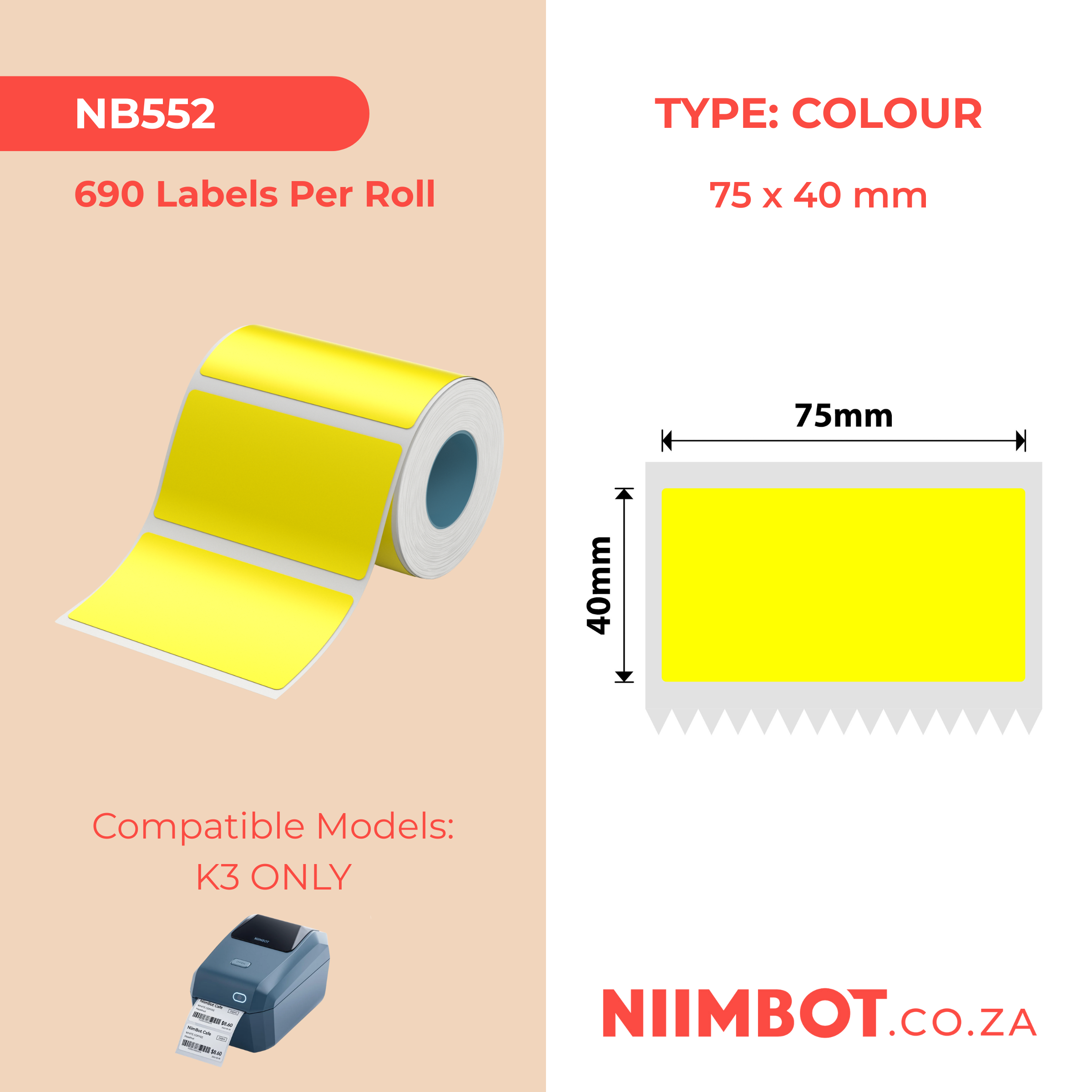 NB552 - NIIMBOT - SOLO K3 - T75X40MM - 690 ETICHETTE PER ROTOLO - GIALLO