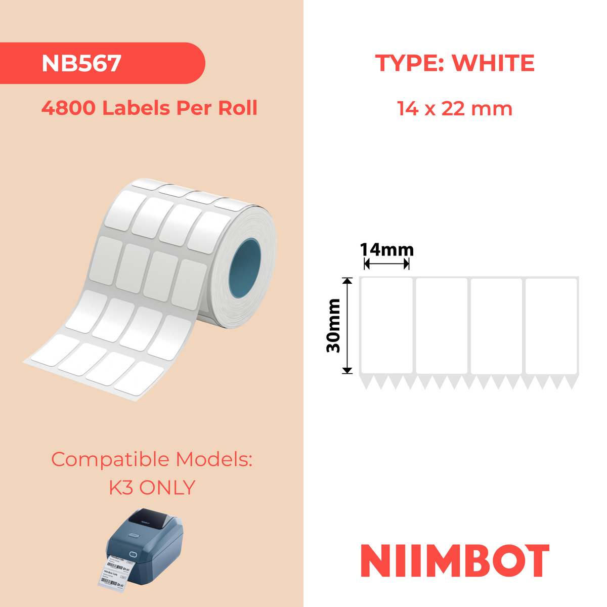 NIIMBOT - K3 Only - 14x22mm/4L - White - 4,800 Labels