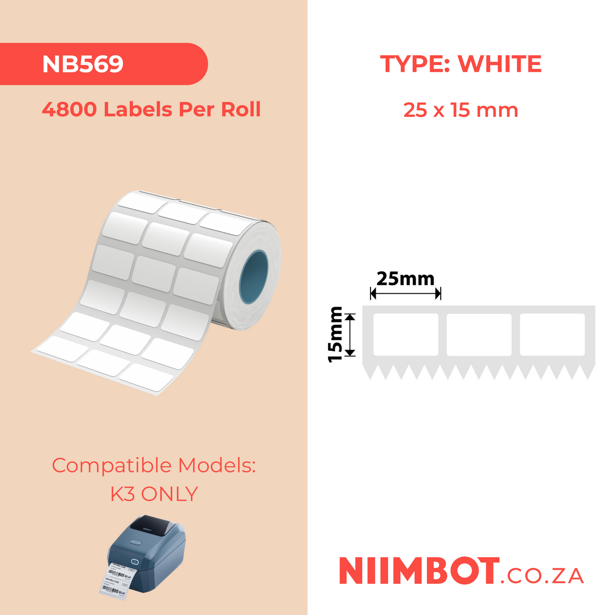 NIIMBOT - K3 Only - 25x15mm/3L - White - 4,800 Labels