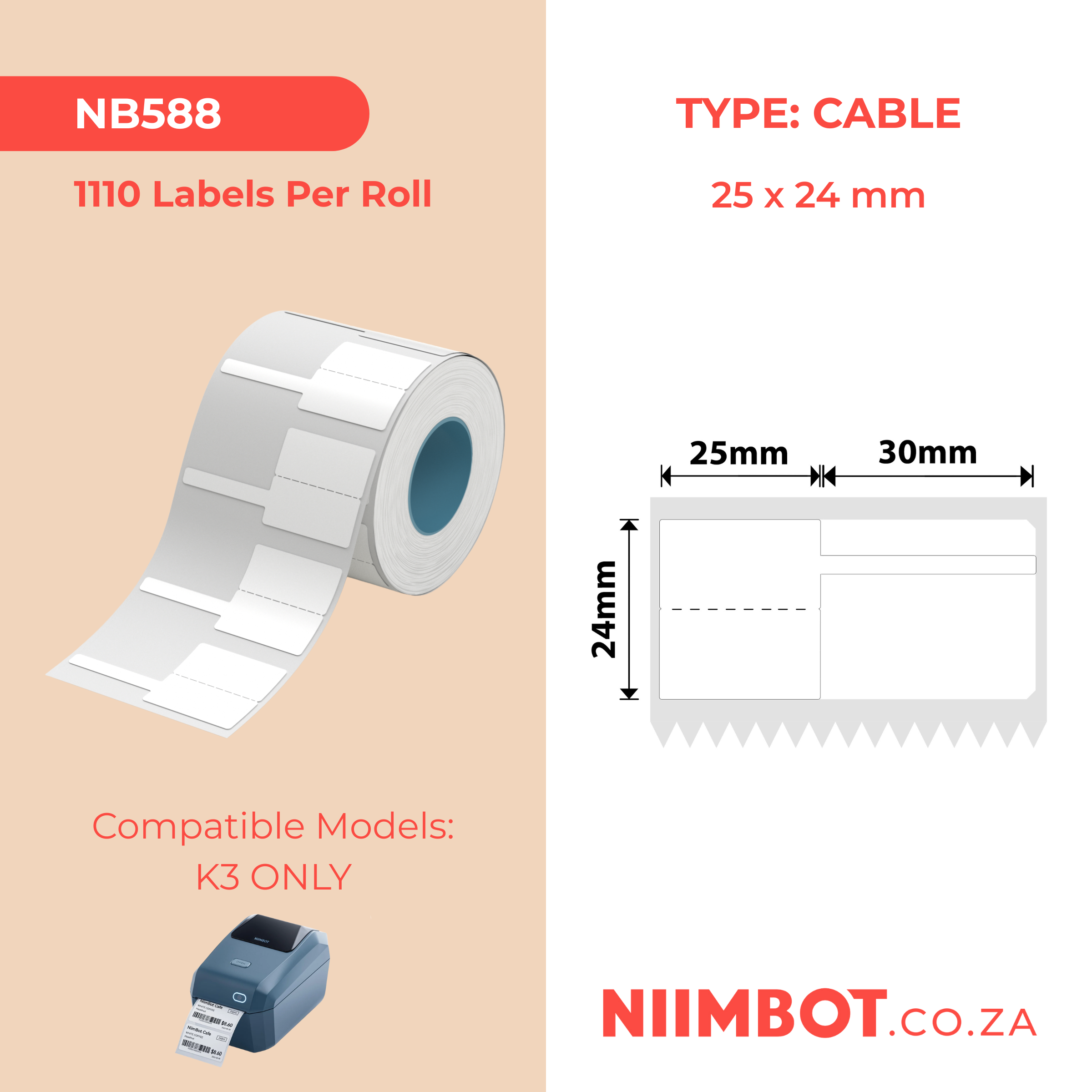 NB588 - NIIMBOT - K2 / K3 - 25X24+25MM - 1,110 WHITE JEWELLERY LABELS
