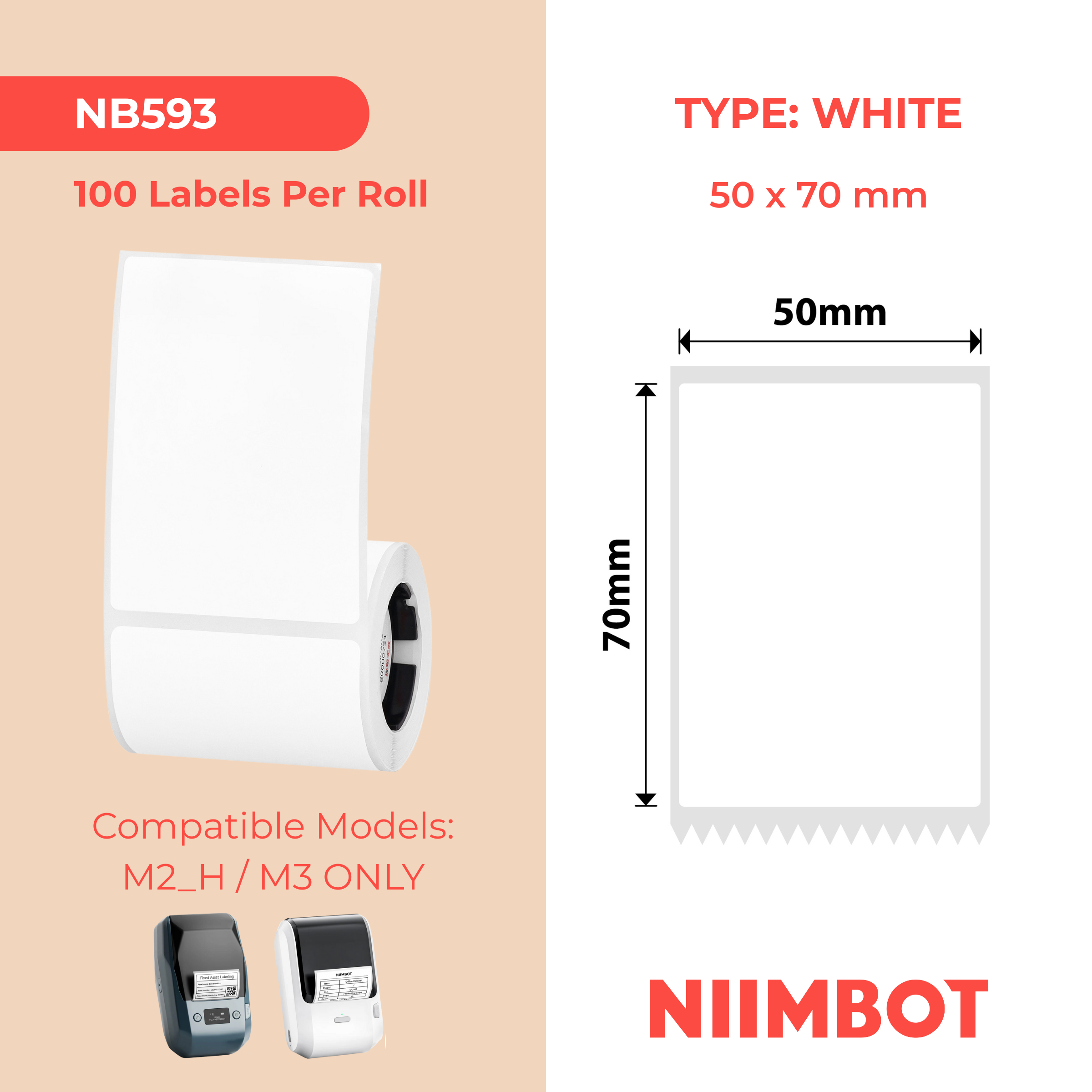 NB593 - NIIMBOT - M2 / M3 - EW50X70MM - 100 ETICHETTE A TRASFERIMENTO TERMICO - BIANCHE - RETTANGOLARE PET