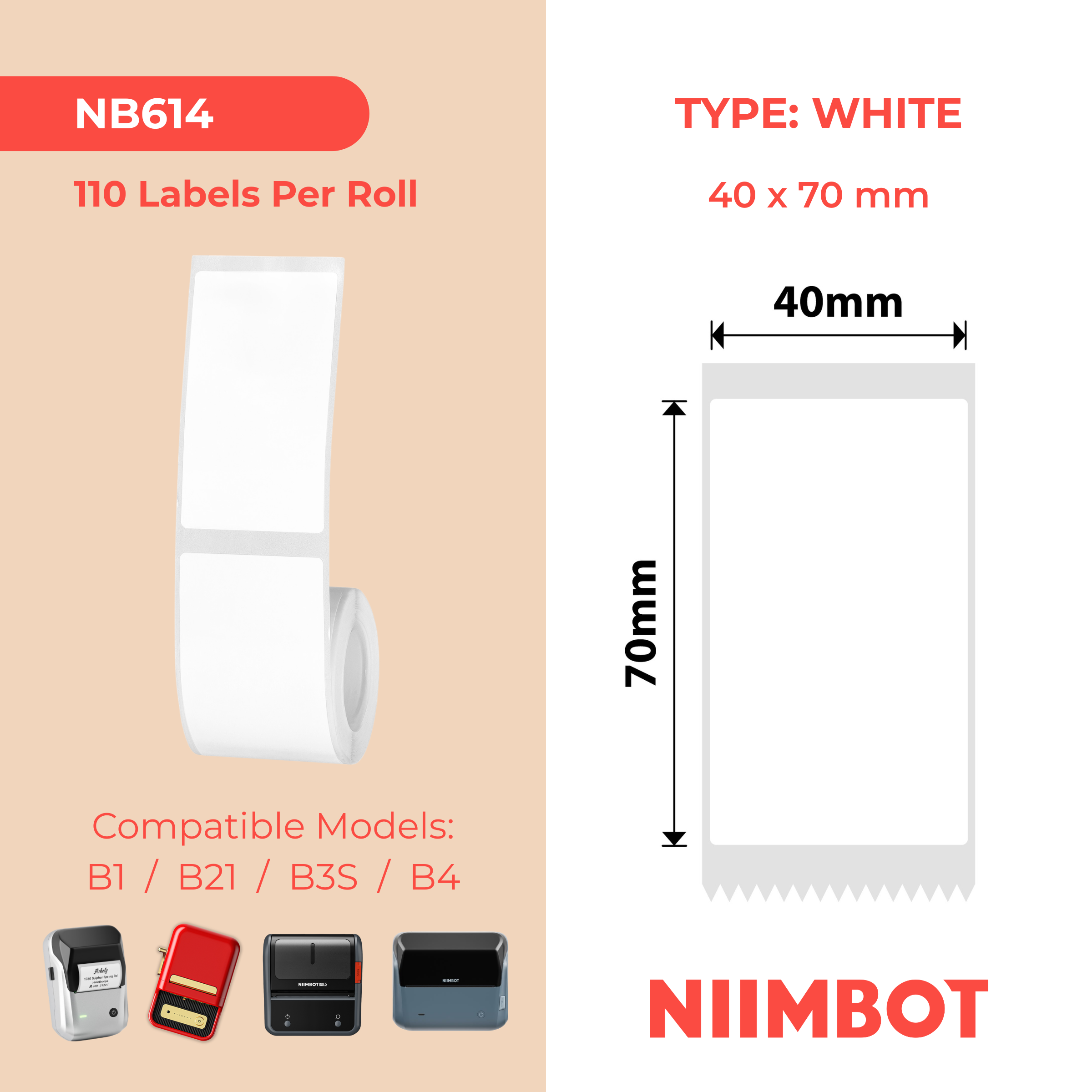 NB614 - Niimbot - B1 / B21 / B3S / B4 - 40x70mm - 110 Labels - White