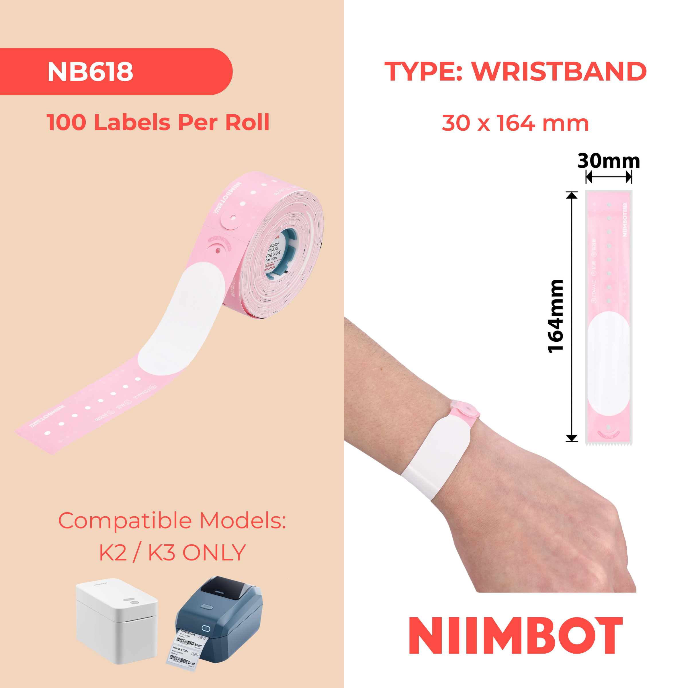 NB618 - NIIMBOT - K2 / K3 - TS30X164MM - 100 BRACELETS PAR ROULEAU - ROSE - NOUVEAU-NÉ