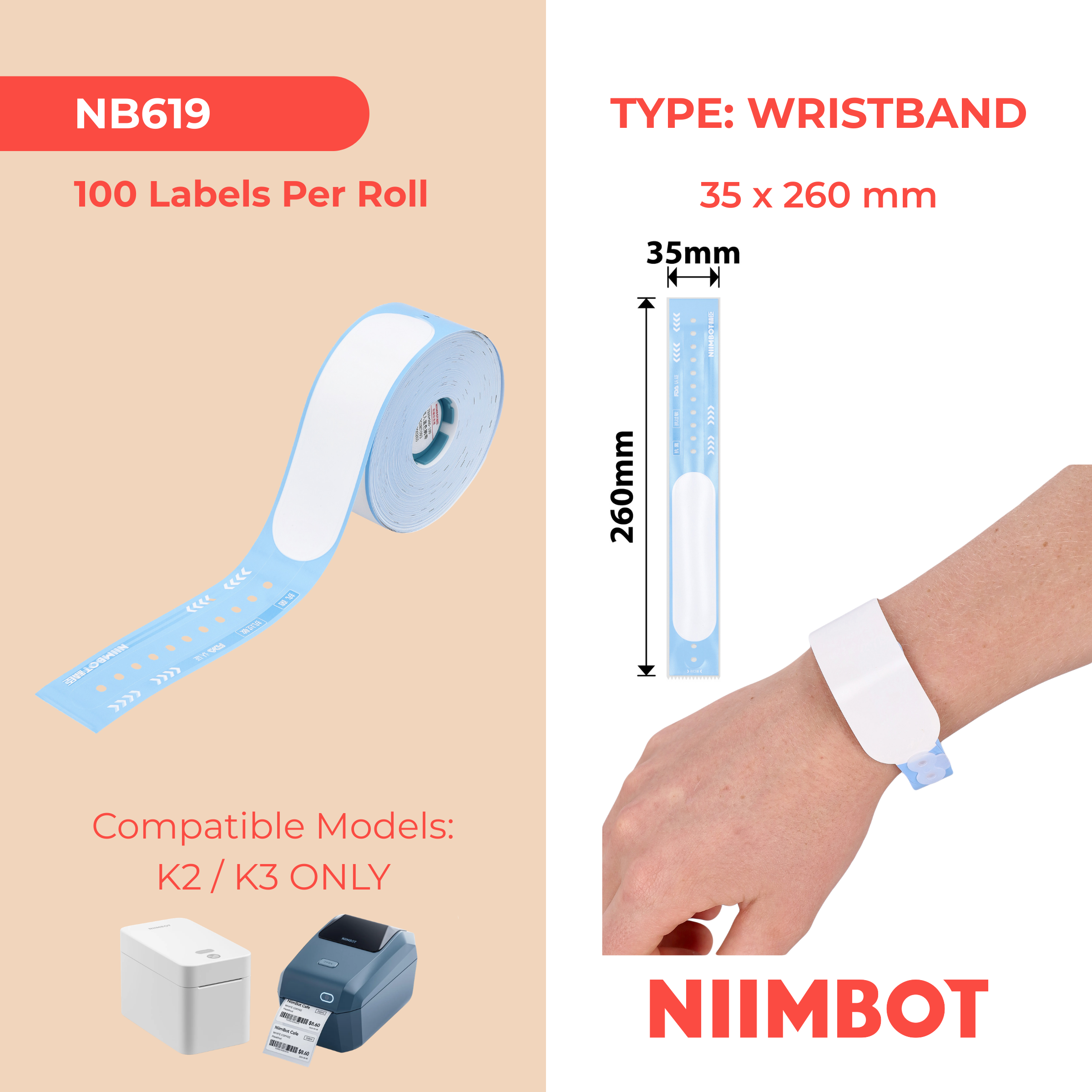 NB619 - NIIMBOT - K2 / K3 - TS35X260MM - 100 BRACCIALETTI PER ROTOLO - BLU - BRACCIALETTO PER ADULTI