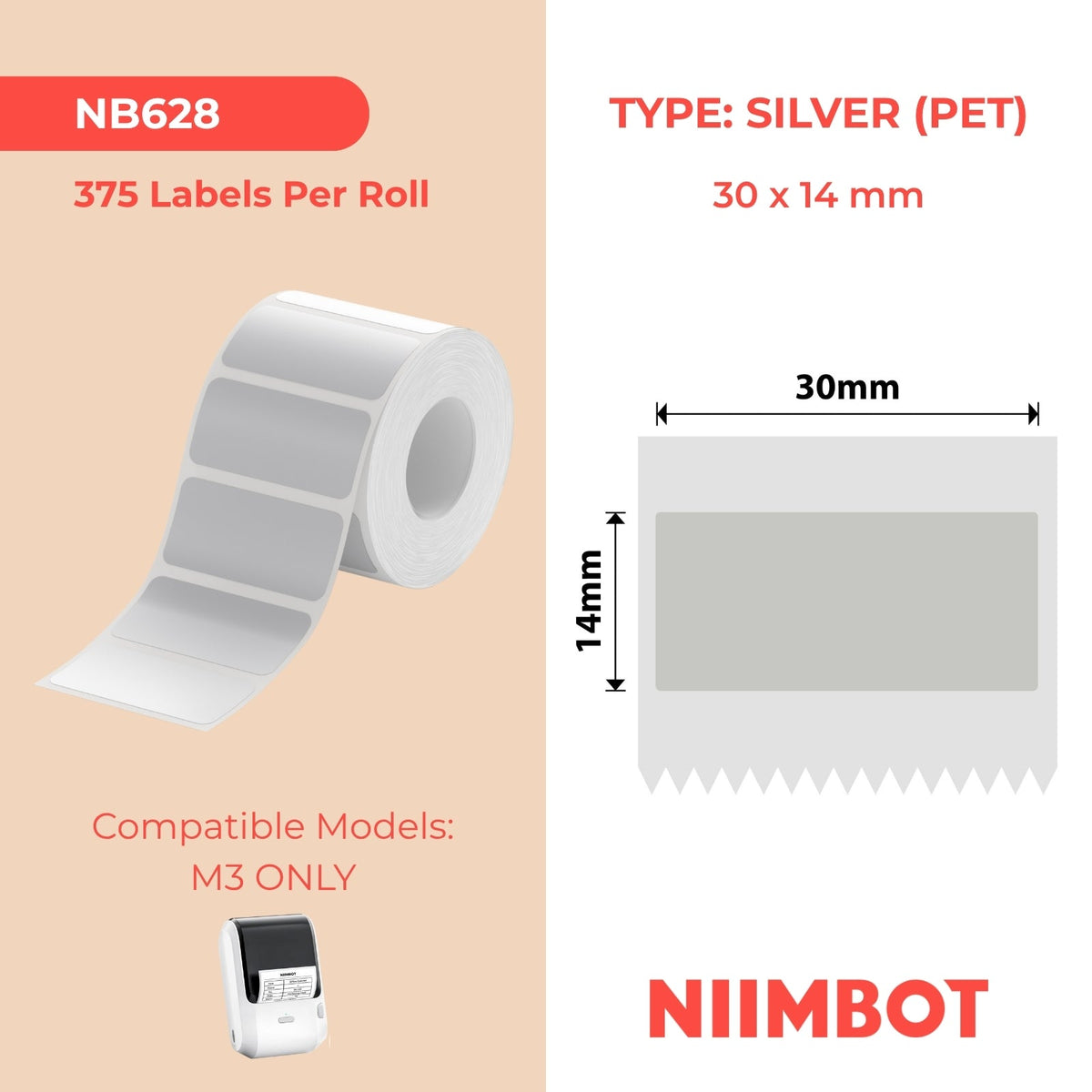 NB628 - NIIMBOT - M2_H / M3 - ES30X14 - 375 ÉTIQUETTES - ARGENT MAT ANTI-CONTREFAÇON