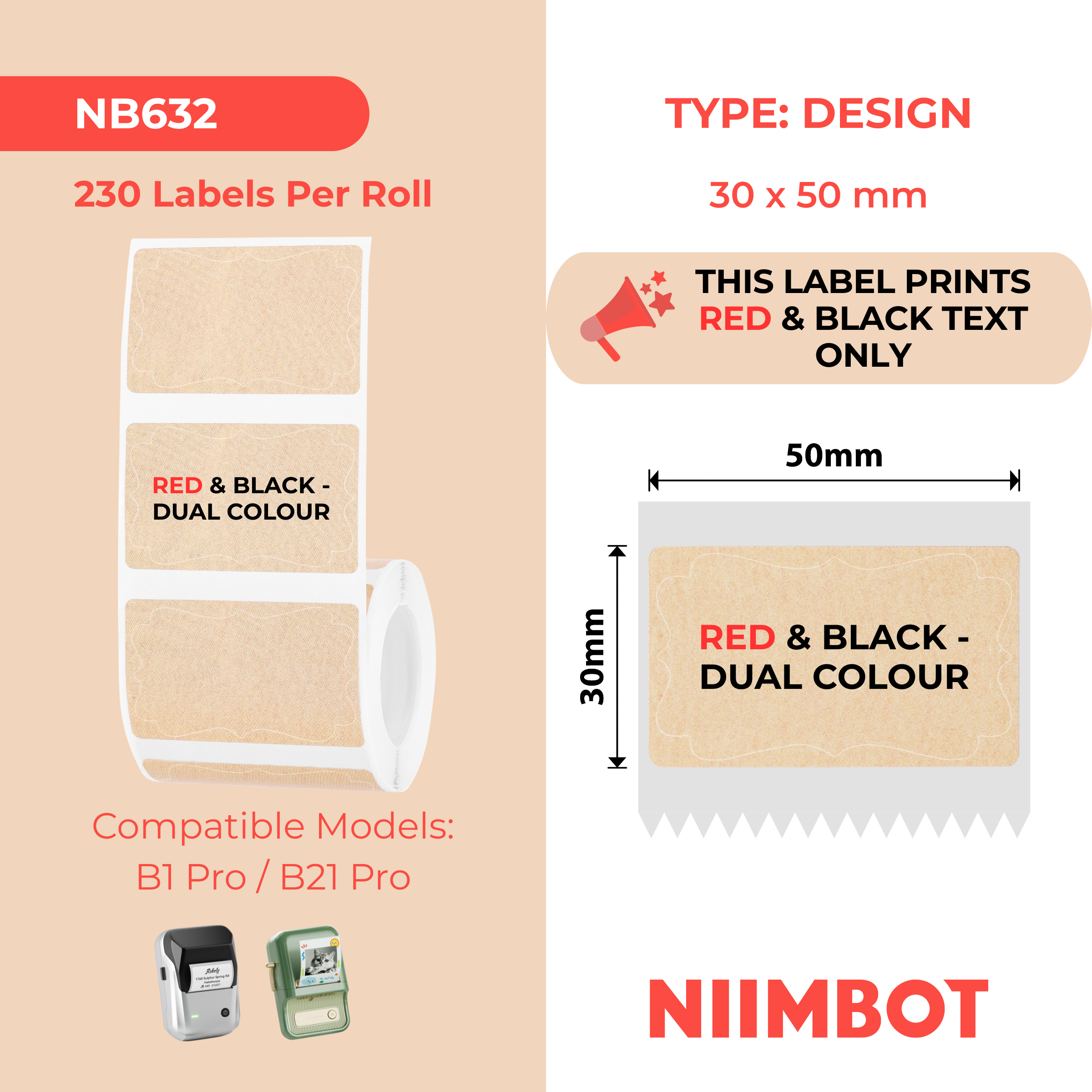 NB632 - NIIMBOT - B1_PRO / B21_PRO - 50X30MM - 230 KRAFT RED & BLACK TEXT DUAL COLOUR VINTAGE FRAME LABELS