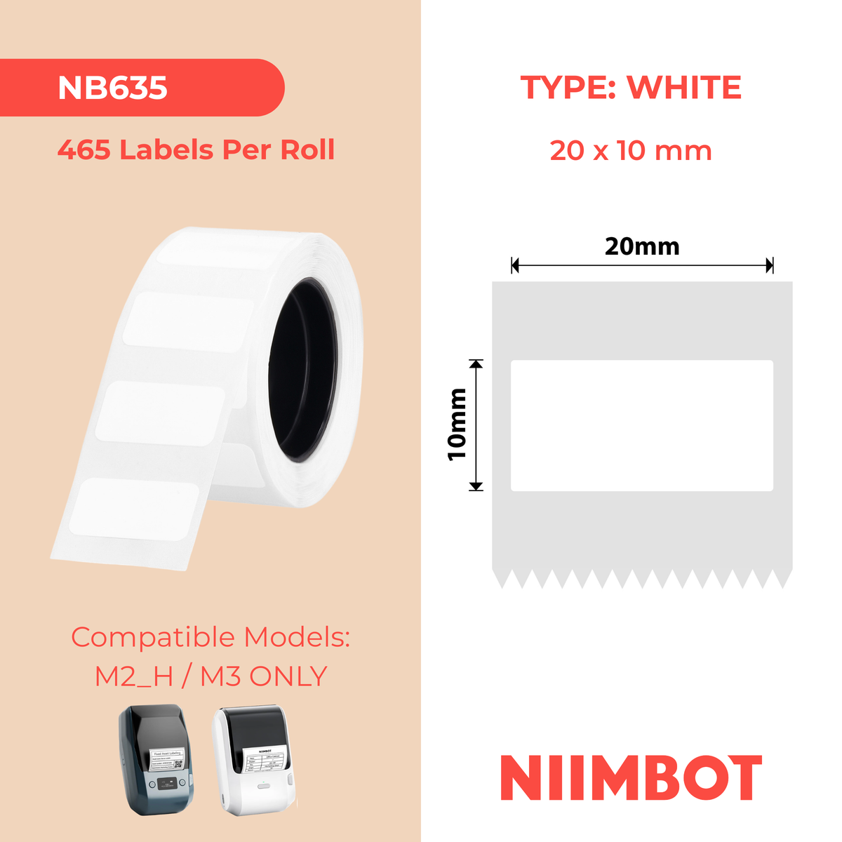 NB635 - NIIMBOT - M2 / M3 - PL20X10MM - 465 ÉTIQUETTES DE TRANSFERT THERMIQUE - BLANCHES - RECTANGULAIRES