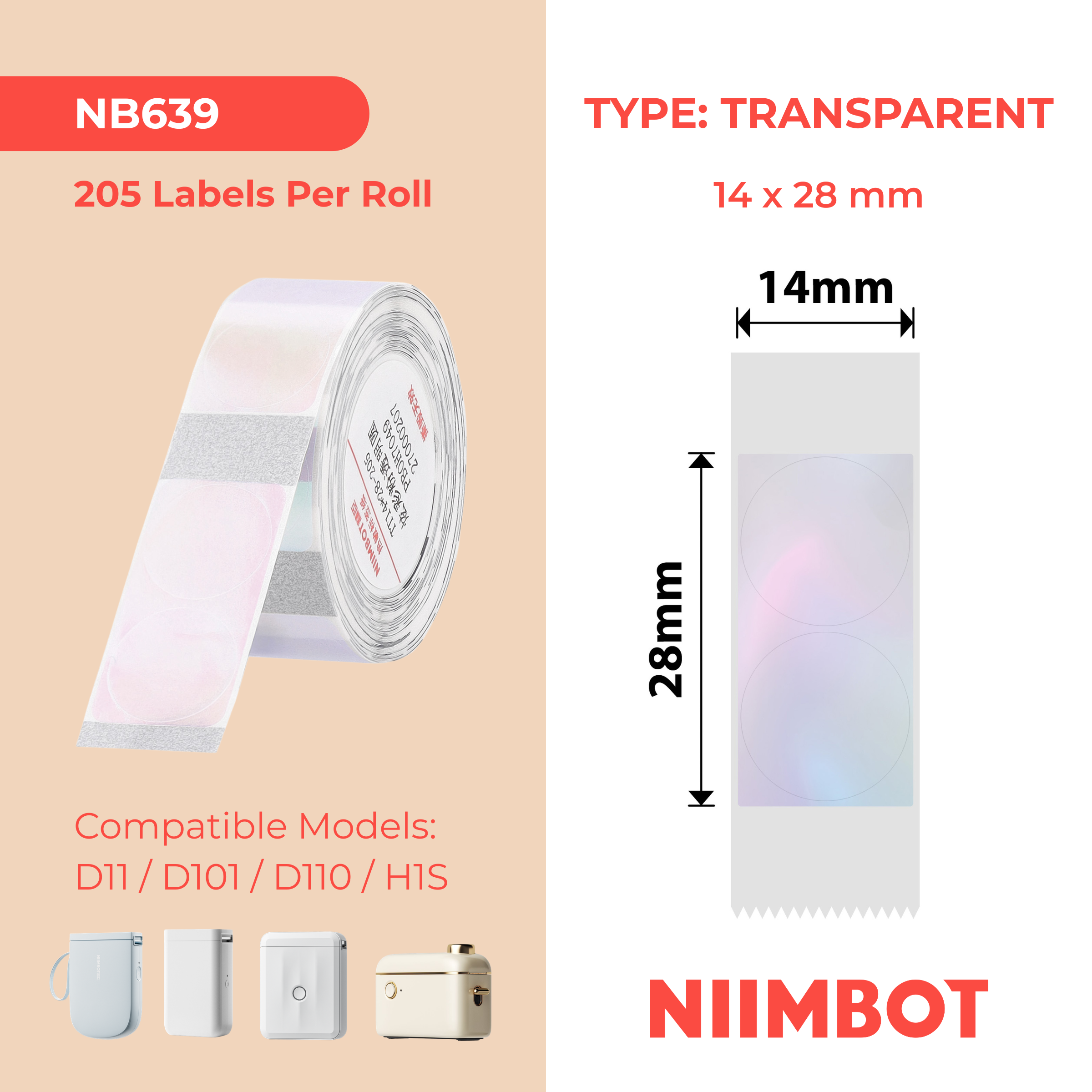 NB639 - NIIMBOT - D11 / D101 / D110 / H1S - 14X28MM - 205 TRANSPARENT ROUND COLOURFUL PINK LABELS