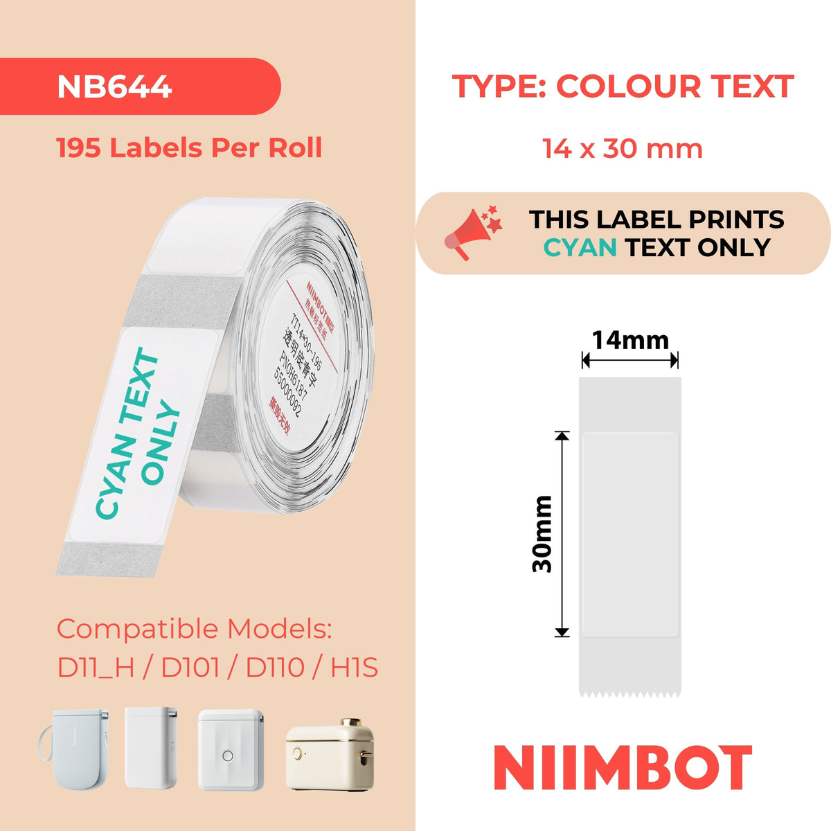 NB644 - NIIMBOT - D11 / D101 / D110 / H1S - TT14X30MM - 195 ÉTIQUETTES PAR ROULEAU - TRANSPARENTES - TEXTE CYAN UNIQUEMENT - RECTANGULAIRES